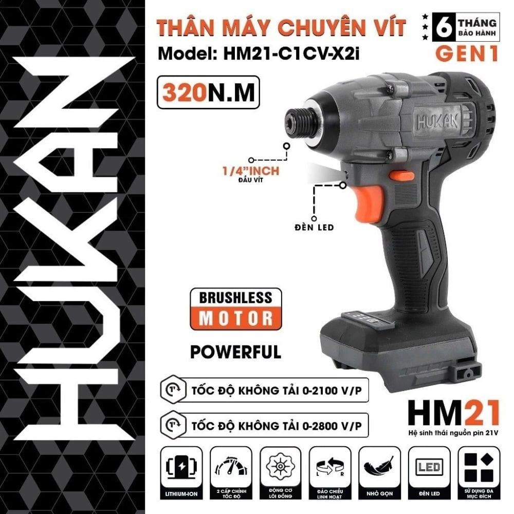  THÂN MÁY CHUYÊN VÍT (GEN 1) HM21-C1CV-X21 (chưa kèm pin sạc) HUKAN 
