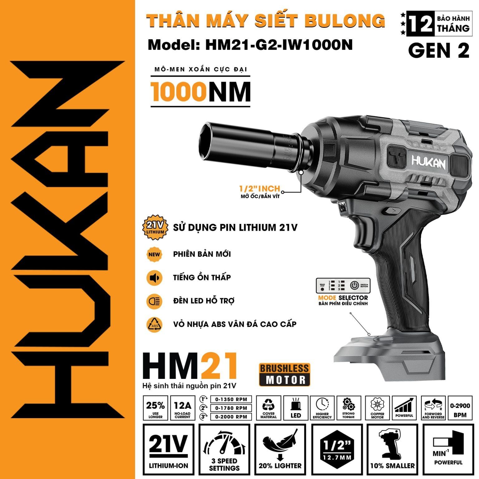  Thân máy siết bulong pin HM21-G2-IW1000N HUKAN 