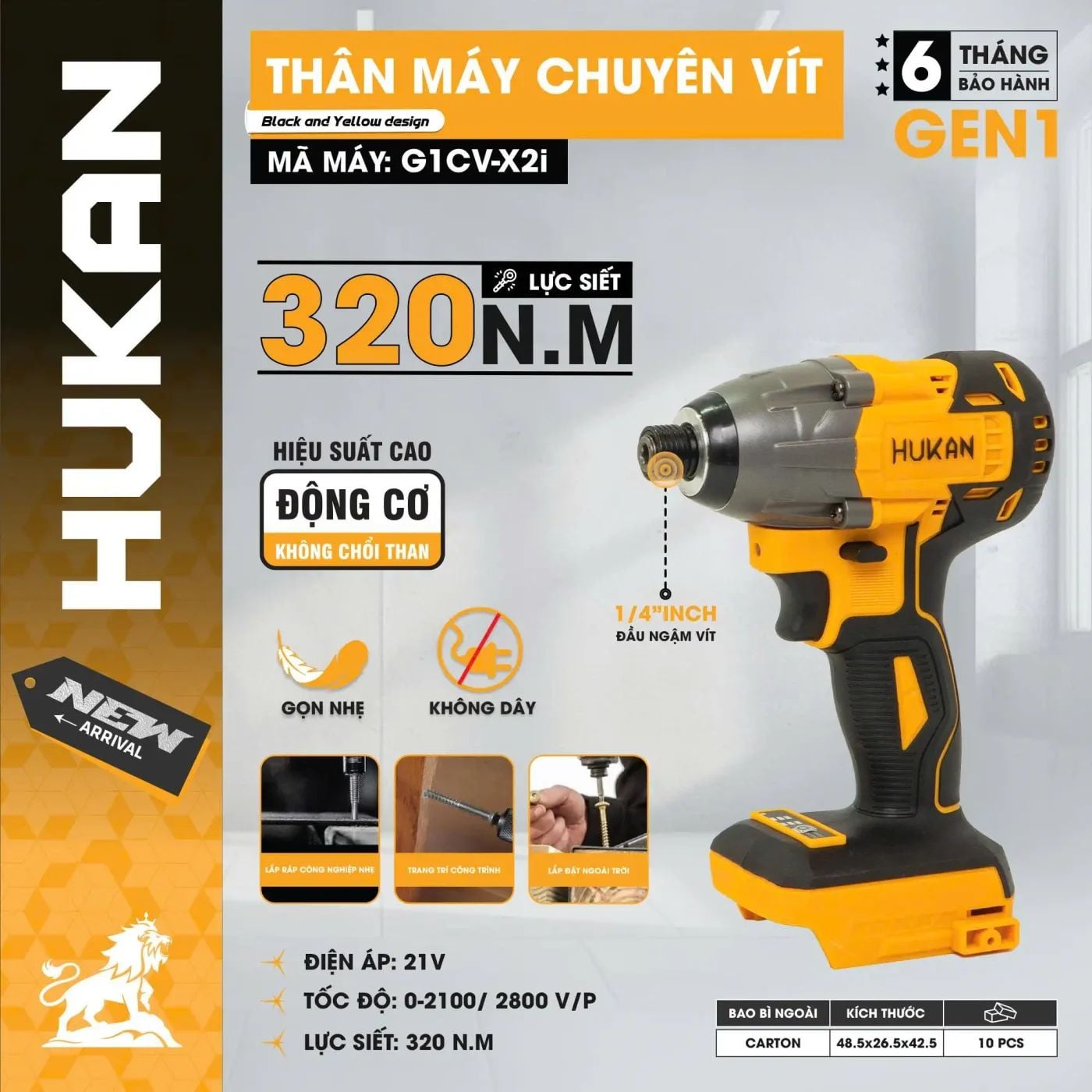  Thân máy chuyên vít búa (GEN 1) G1CV-X2i Vàng đen (chưa kèm pin sạc) HUKAN 