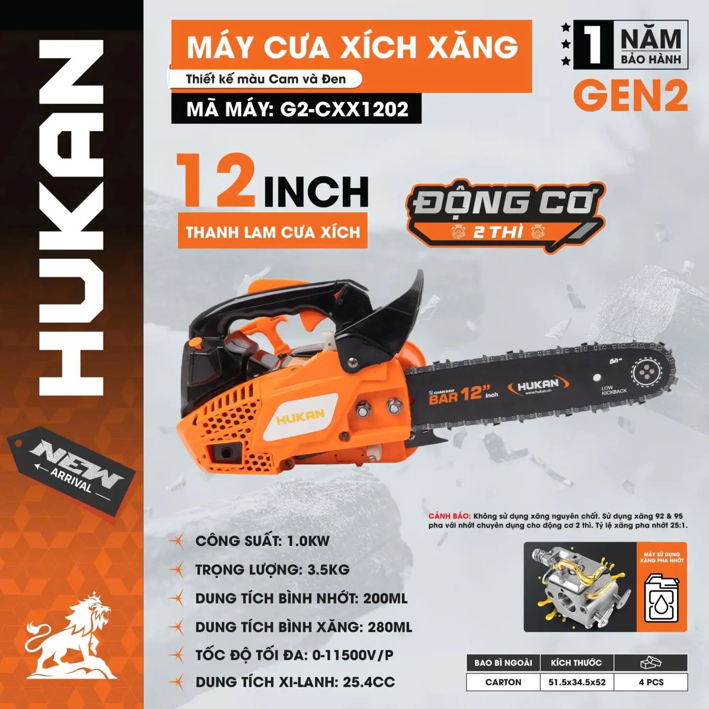  Máy cưa xích xăng G2-CXX1202 – Lam xích 12INCH HUKAN 