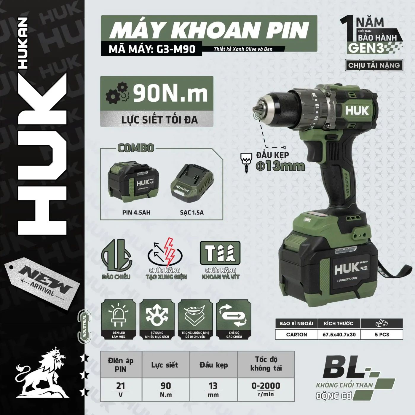 Máy khoan pin (GEN 3) G3-M90 Xanh Đen HUKAN 