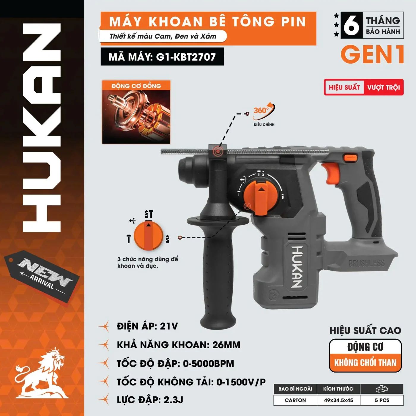  Thân máy khoan bê tông pin (GEN 1) G1-KBT2707 (chưa kèm pin sạc) HUKAN 