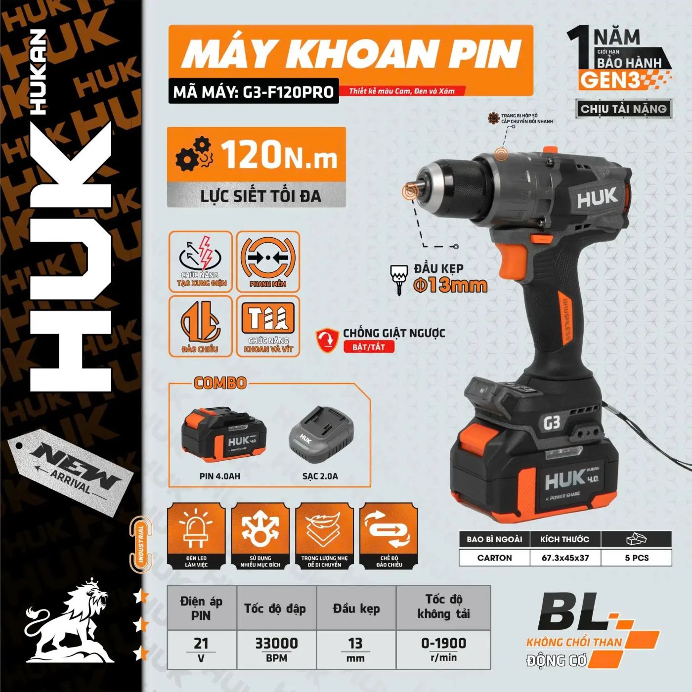  Máy khoan pin (GEN 3) G3-F120PRO (Thân máy + hộp nhựa + 2 Pin 4.0Ah-15C + Sạc 2A) HUKAN 