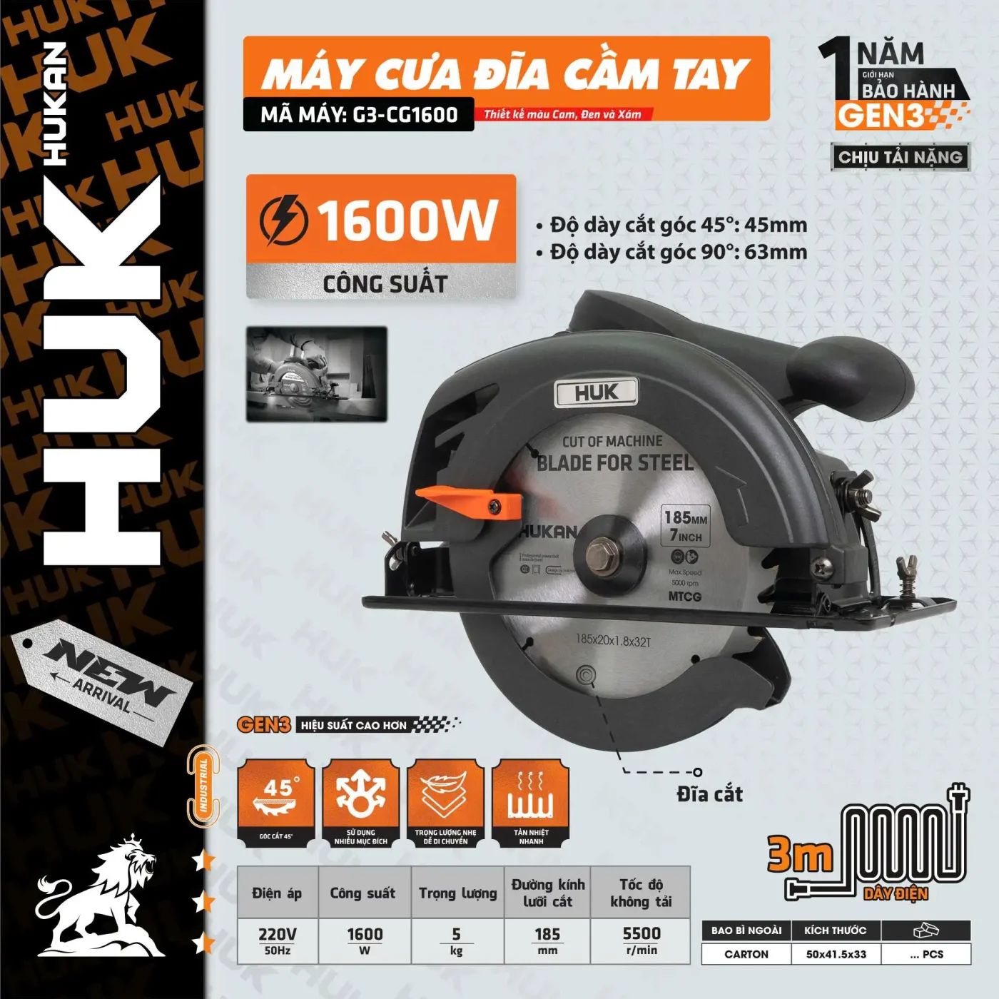  Máy cưa đĩa cầm tay (GEN 3) G3-CG1600 HUKAN 
