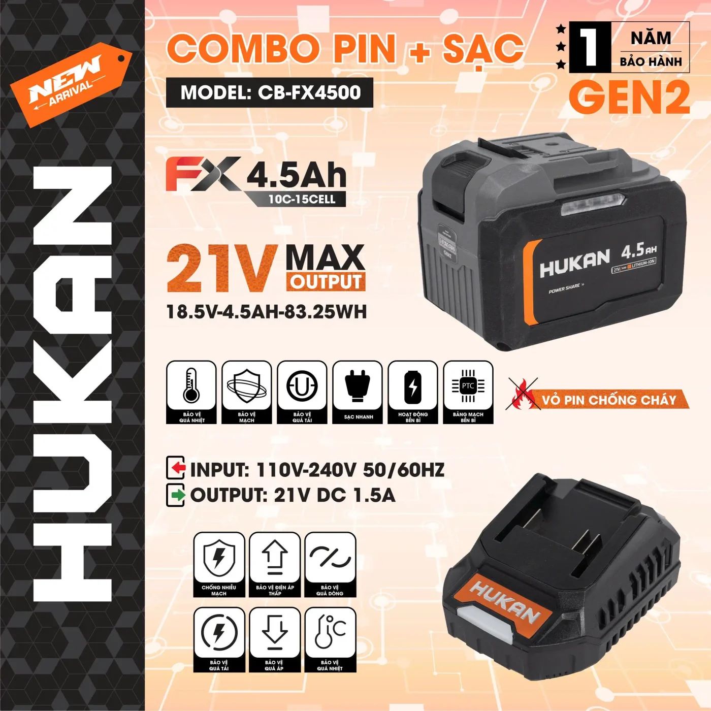  COMBO PIN + SẠC HUKAN (GEN2) CB-FX4500 HUKAN 