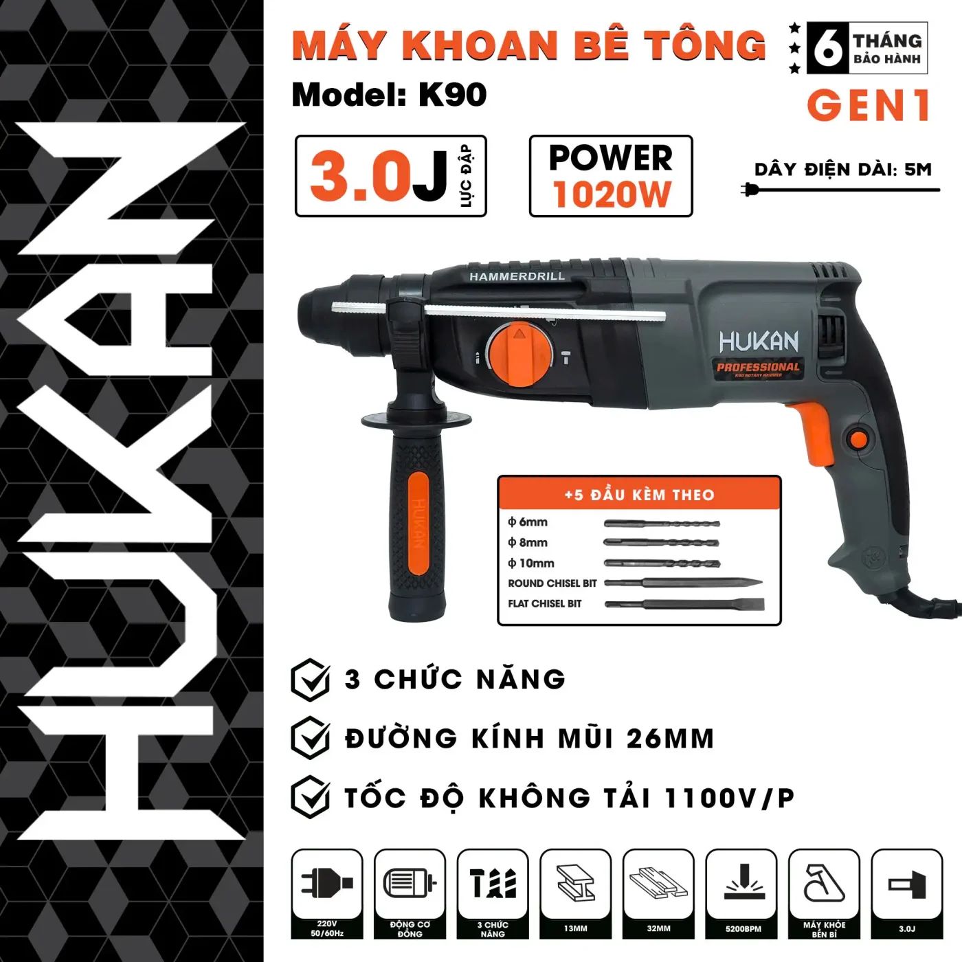  Máy khoan bê tông 3 chức năng K90 Phiên bản mới HUKAN 