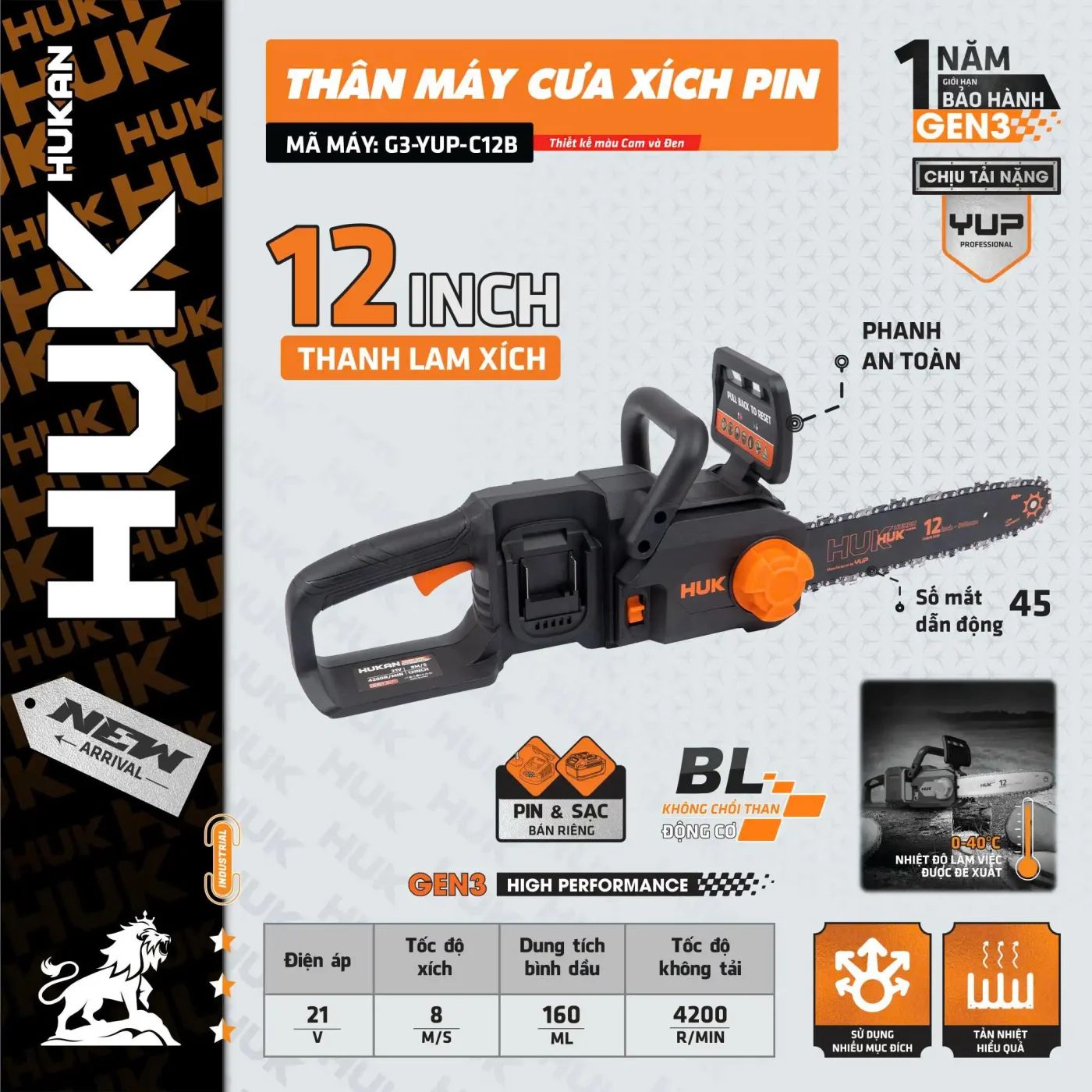  Thân máy cưa xích pin G3-YUP-C12B (chưa kèm pin sạc) HUKAN 