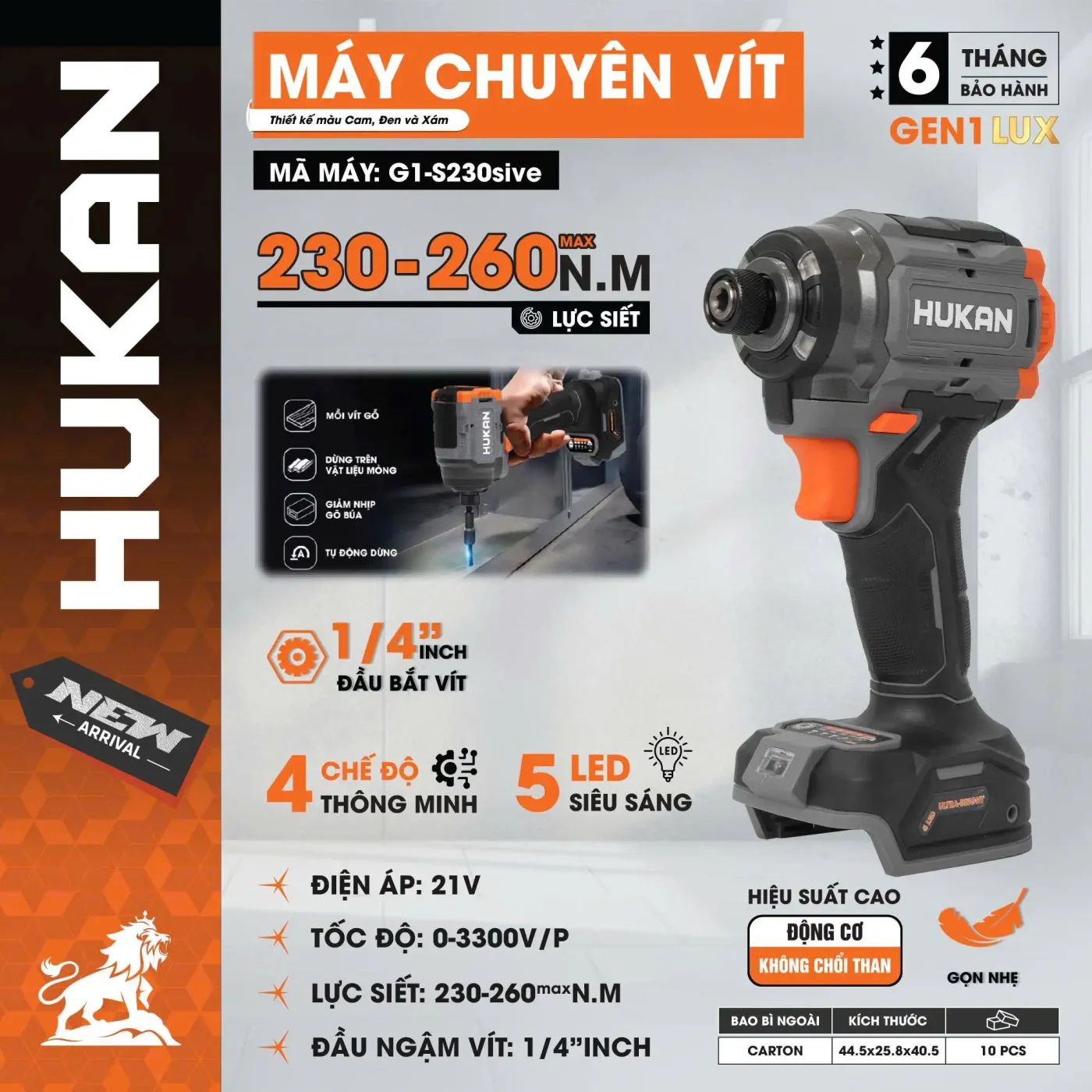  Thân máy chuyên vít (GEN 1) G1-S230SIVE Xám Đen Cam (chưa kèm pin sạc) HUKAN 