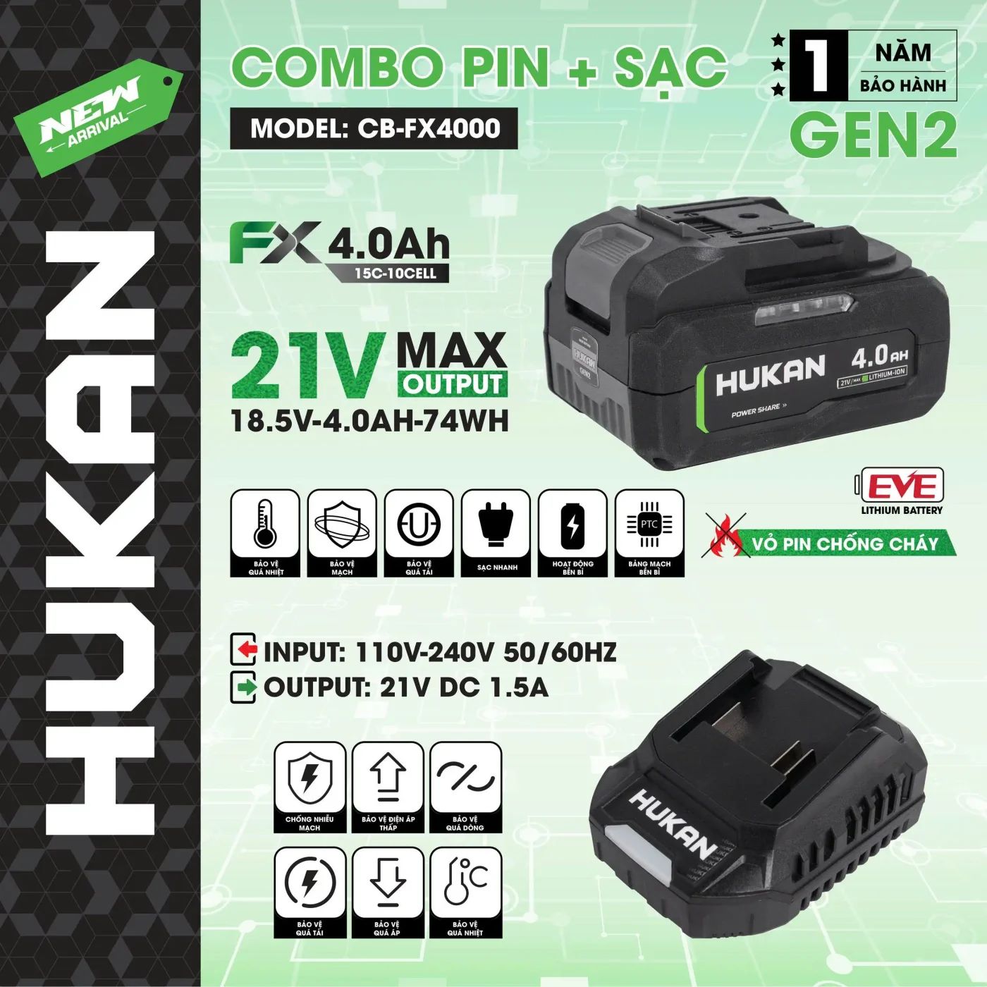  Combo Pin + Sạc Hukan (GEN 2) CB-FX4000 HUKAN 
