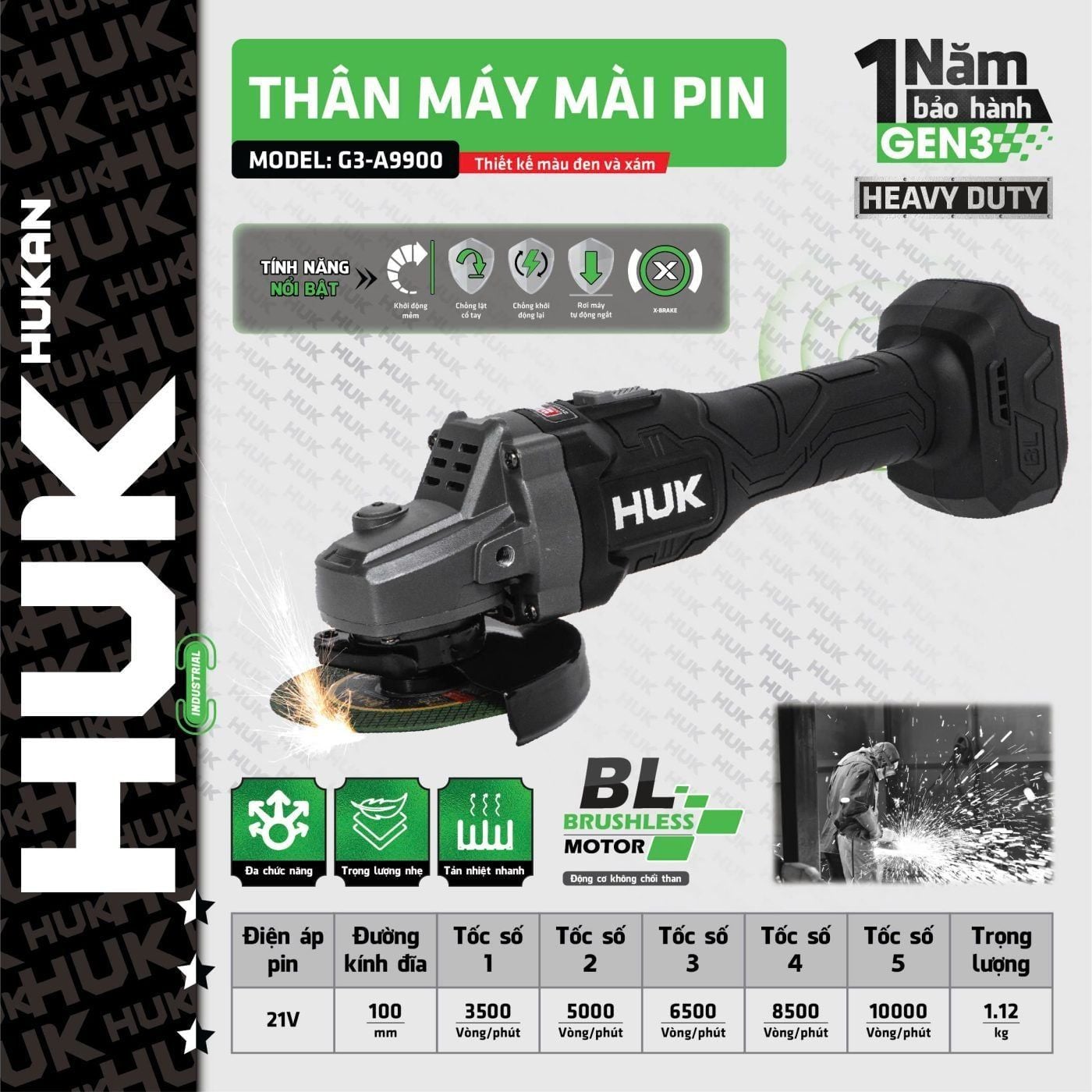  Bộ máy cắt mài pin 5 tốc độ (GEN3) G3-A9900 (Thân máy + 2 Pin 4.0Ah-15C + Sạc 2A) HUKAN 