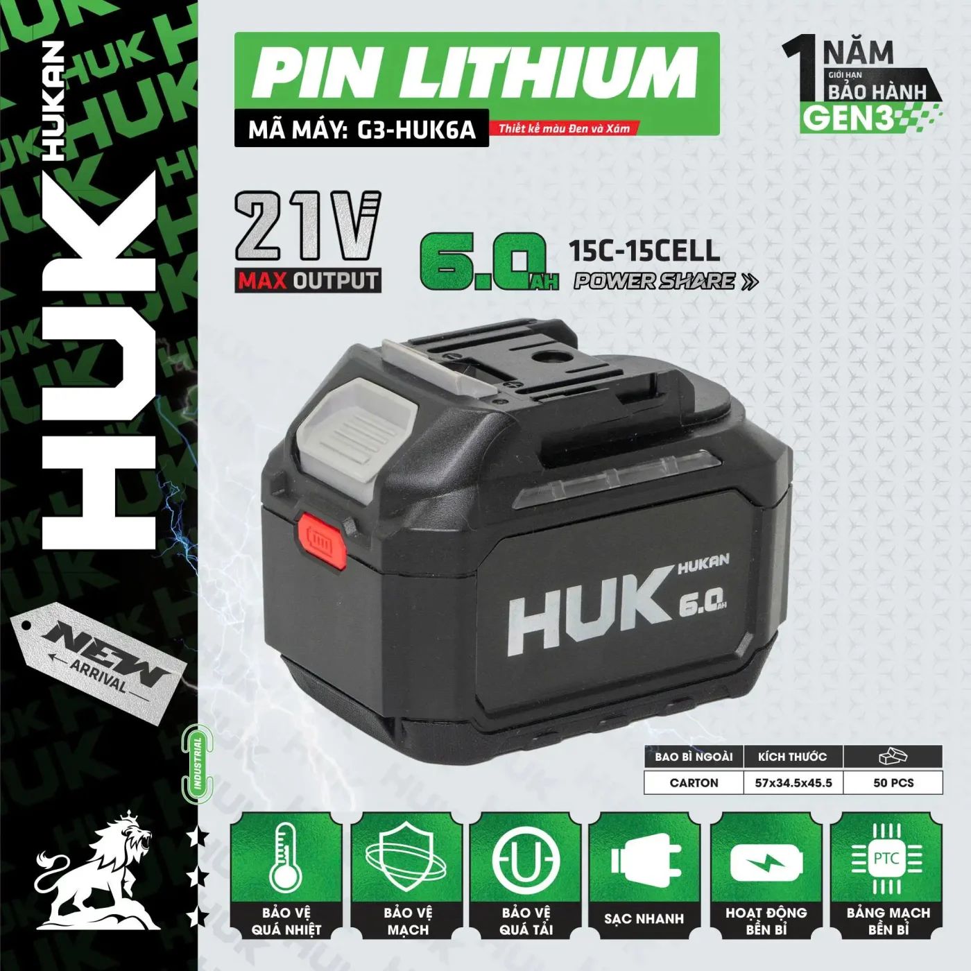  Pin Lithium HUKAN 21V 6.0Ah – (GEN 3) G3-HUK6A HUKAN 