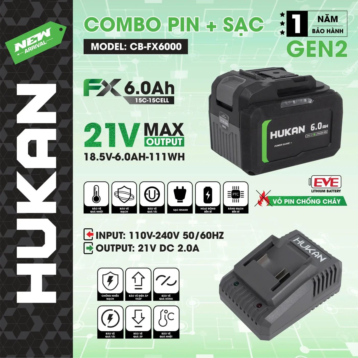  COMBO PIN + SẠC HUKAN ( GEN2) CB-FX6000 HUKAN 