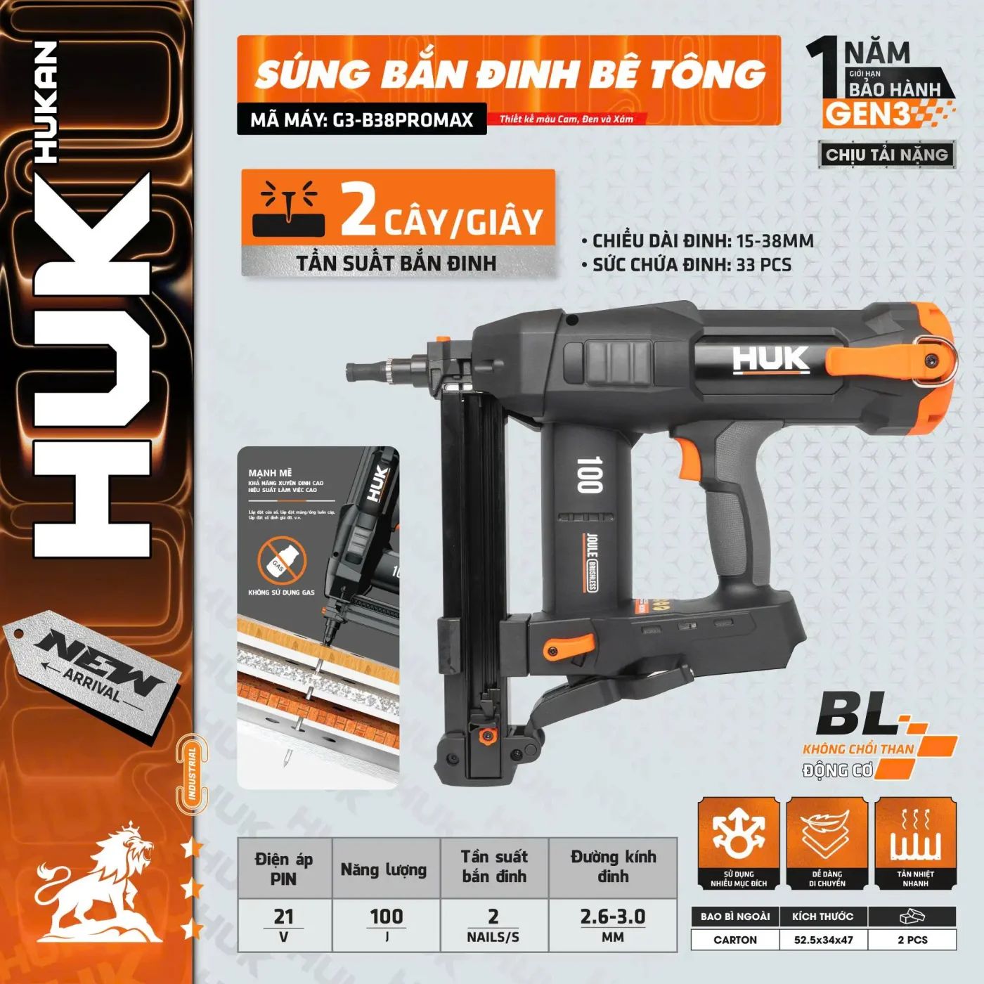  Súng bắn đinh bê tông pin G3-B38PROMAX (chưa kèm pin sạc) HUKAN 