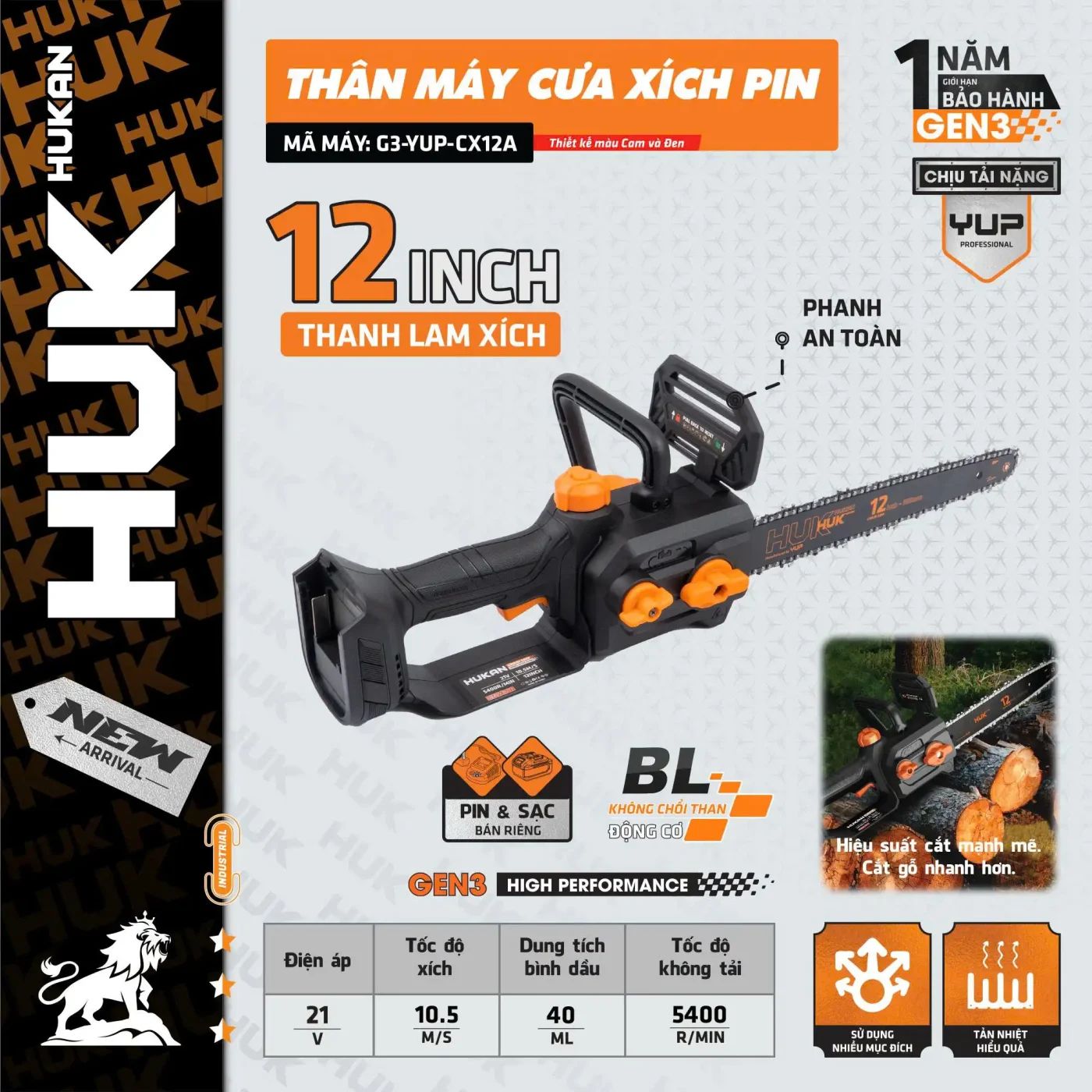  Thân máy cưa xích pin G3-YUP-CX12A (chưa kèm pin sạc) HUKAN 