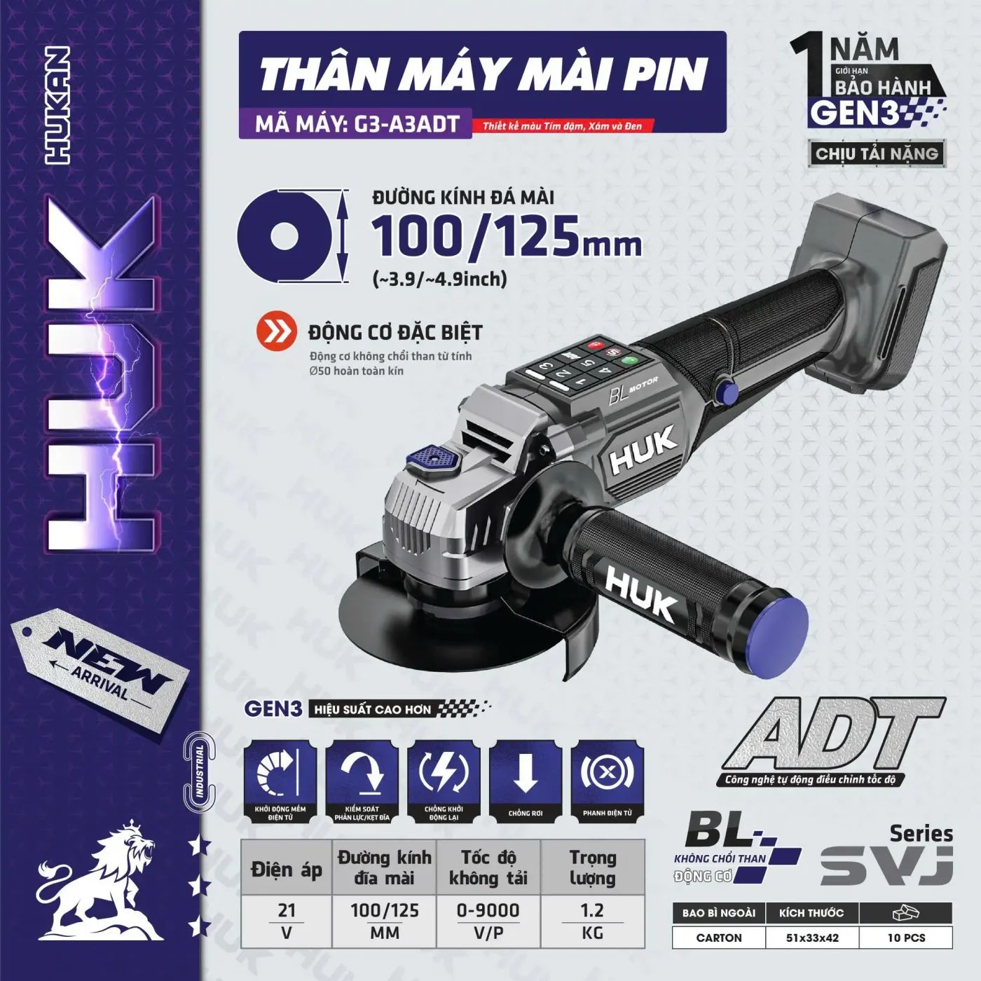  Thân máy mài pin (GEN 3) G3-A3ADT (chưa kèm pin sạc) HUKAN 