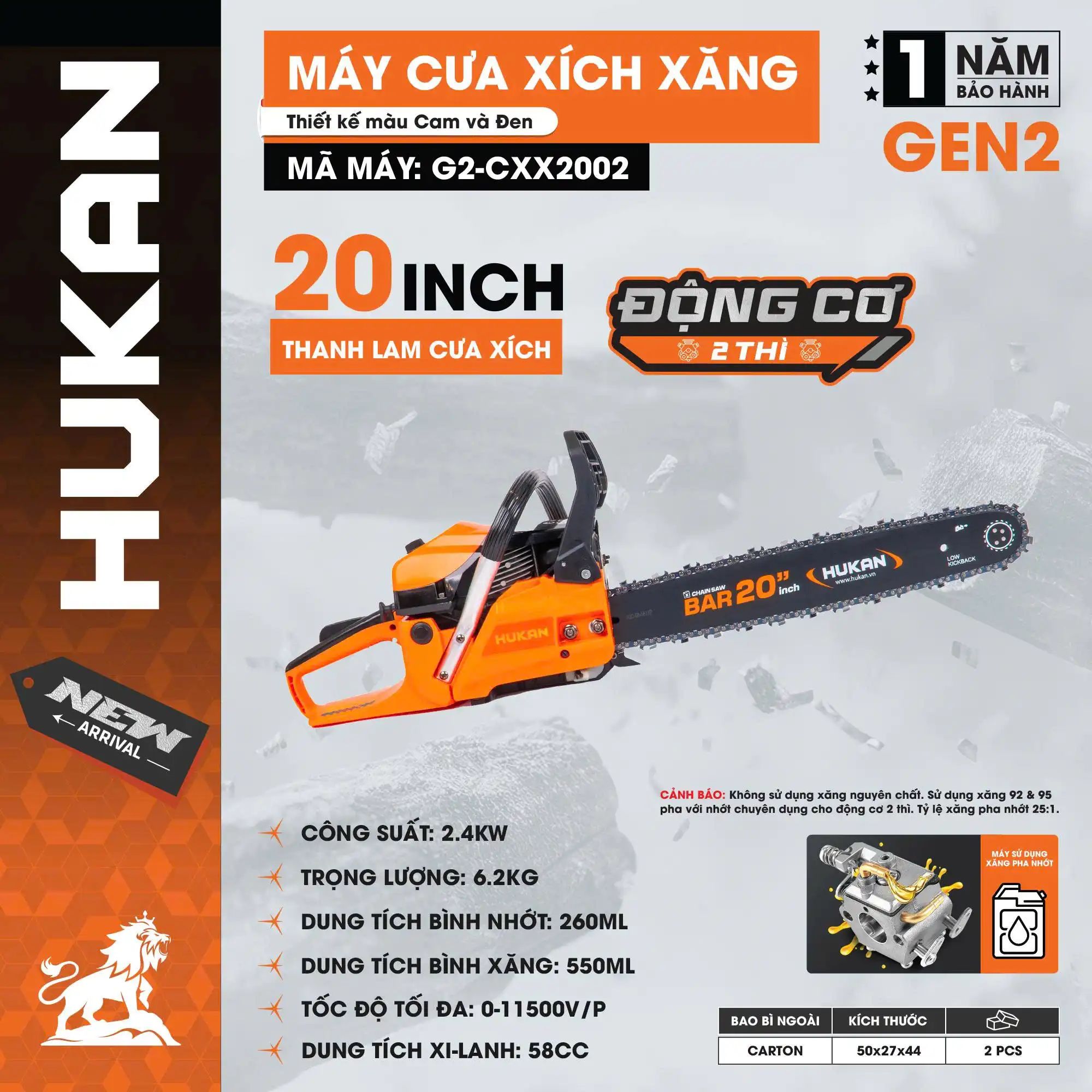  Máy cưa xích xăng G2-CXX2002 – Lam xích 20INCH HUKAN 