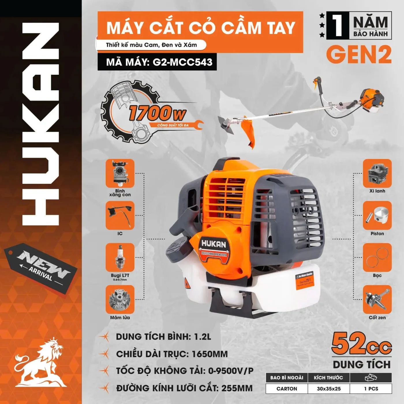  Máy cắt cỏ cầm tay chạy xăng G2-MCC543 HUKAN 
