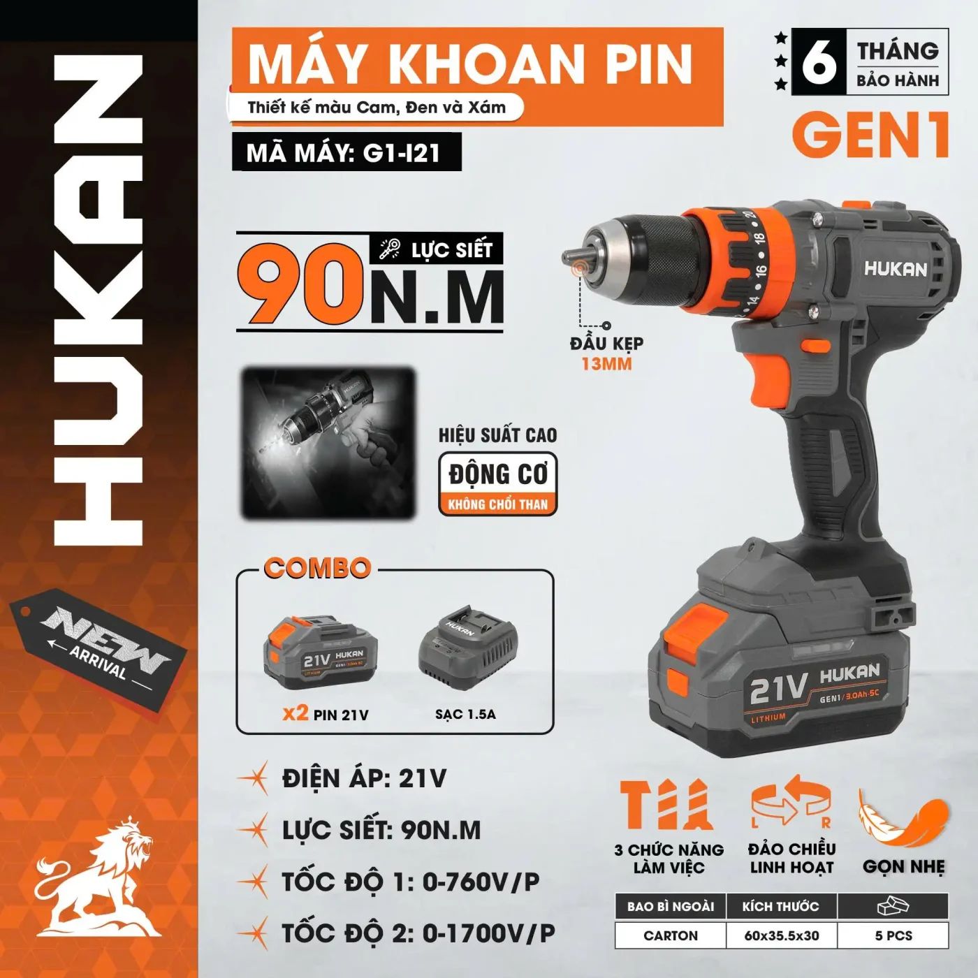  Máy khoan pin (GEN 1) G1-I21 (kèm pin, sạc) HUKAN 
