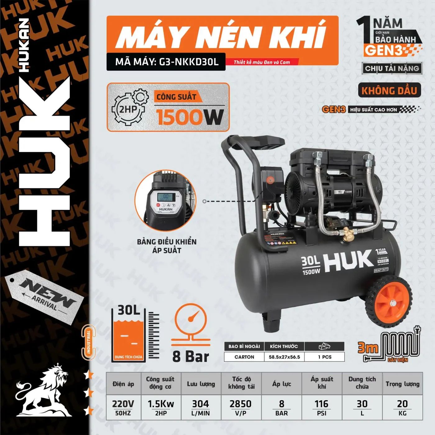  Máy nén khí không dầu G3-NKKD30L HUKAN 