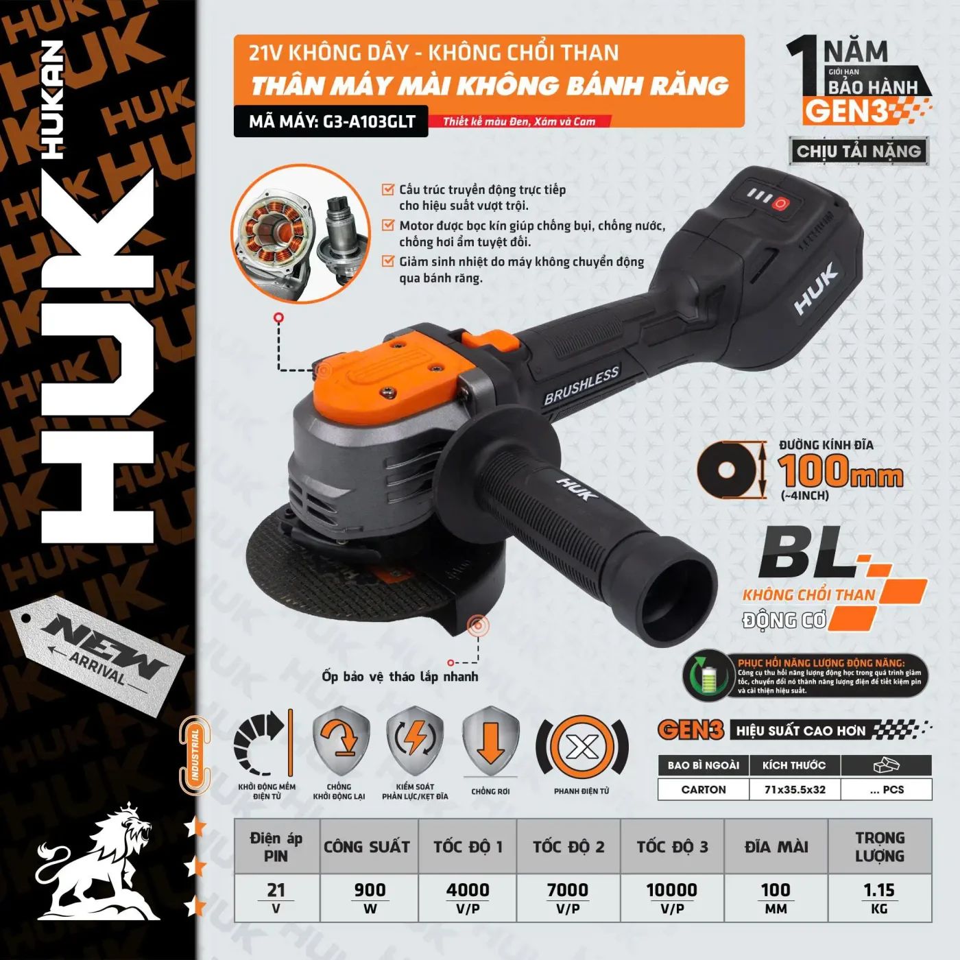  Thân máy mài pin không bánh răng G3-A103GLT (chưa kèm pin sạc) HUKAN 