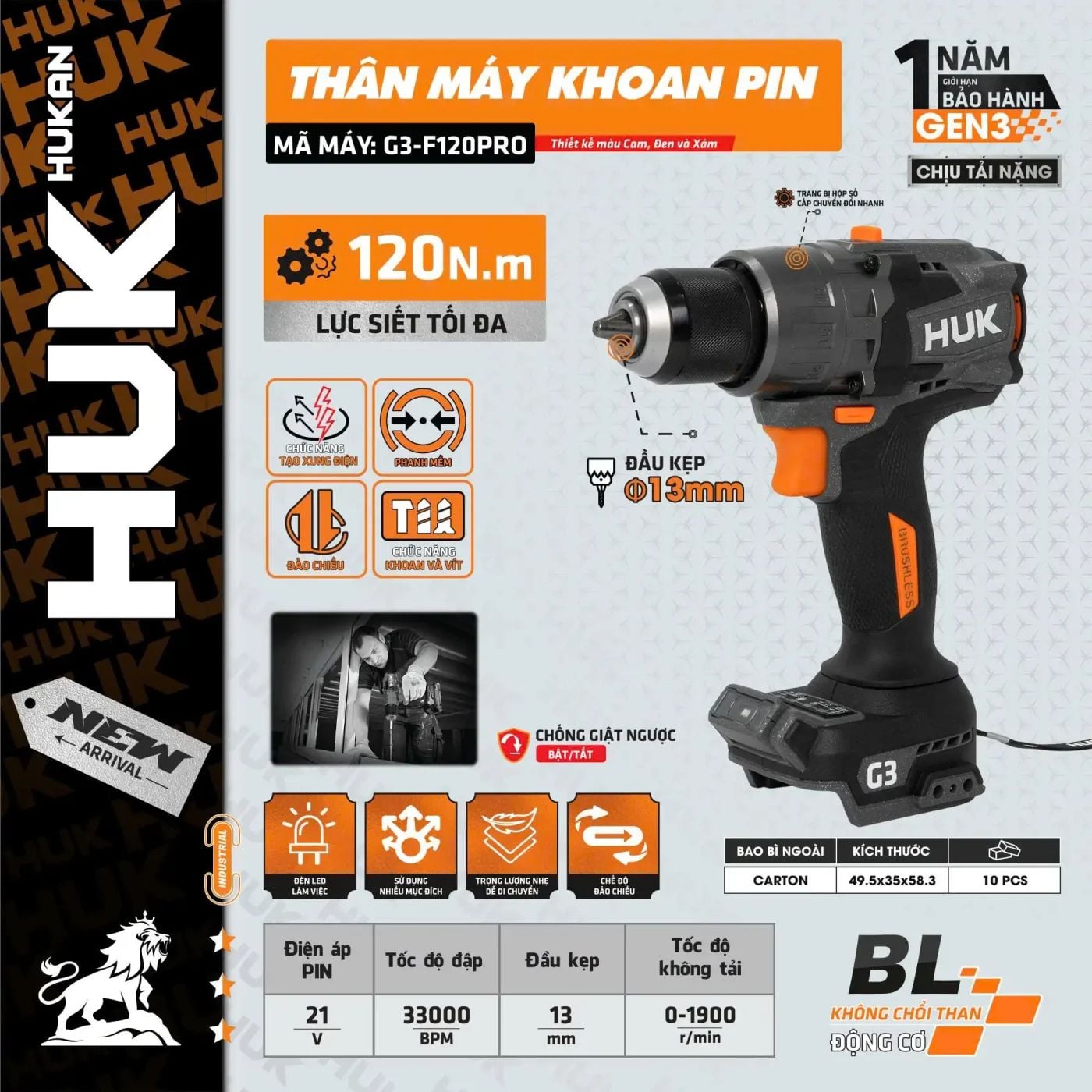  Thân máy khoan pin (GEN 3) G3-F120PRO (chưa kèm pin sạc) HUKAN 