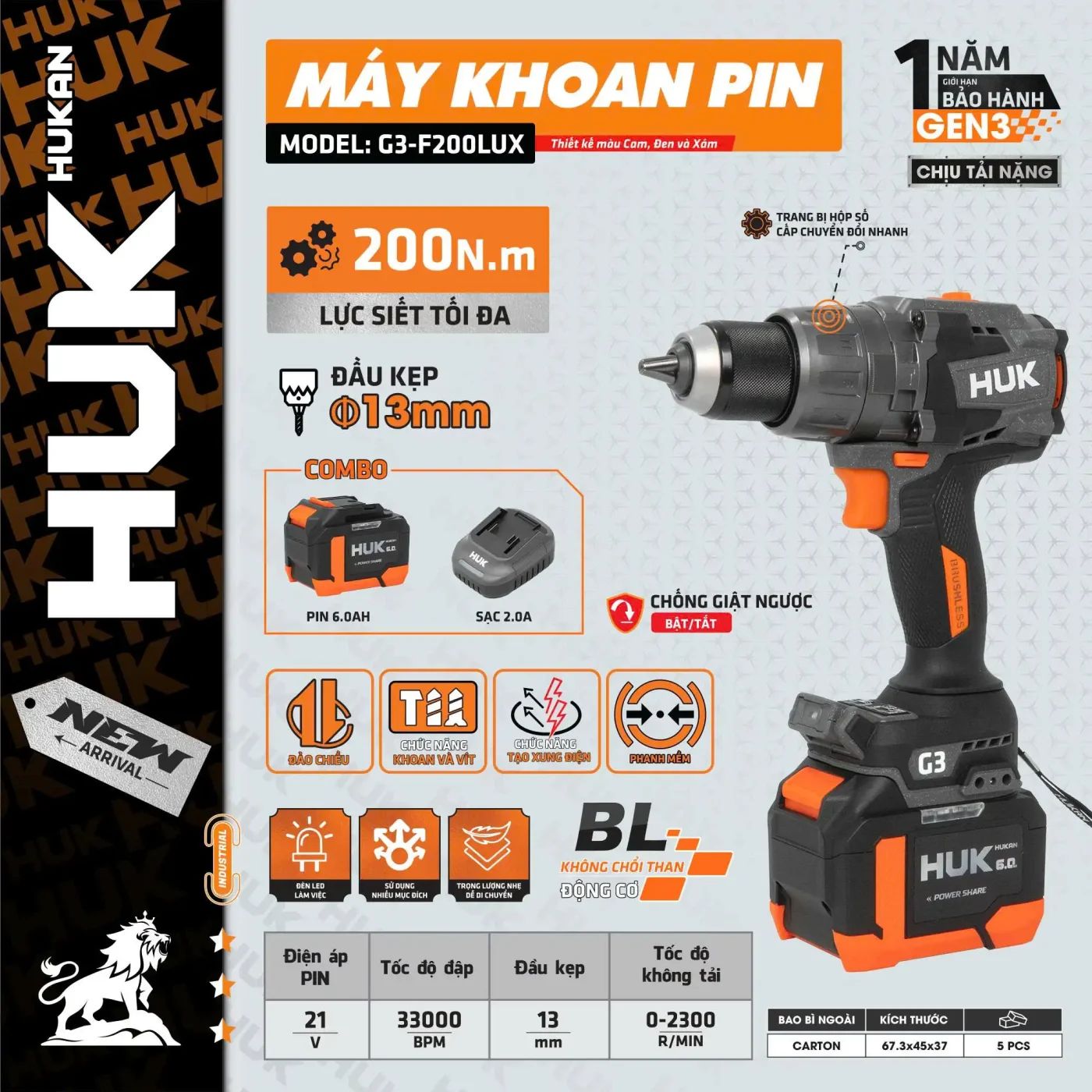  Máy khoan pin HUK (GEN 3) G3-F200LUX (Thân máy +  hộp nhựa + 2 Pin 6.0Ah-15C + Sạc 2A) HUKAN 