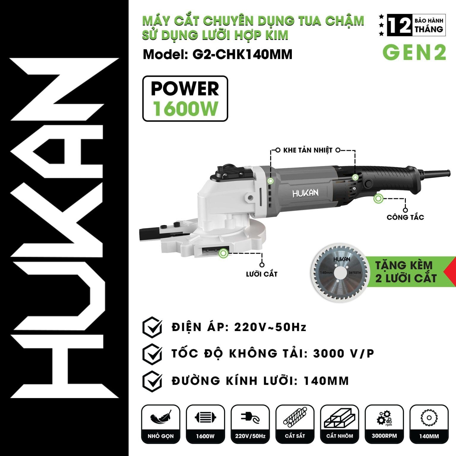  Máy Cắt Hợp Kim Tua Chậm 1600W (GEN2) G2-CHK140MM HUKAN 