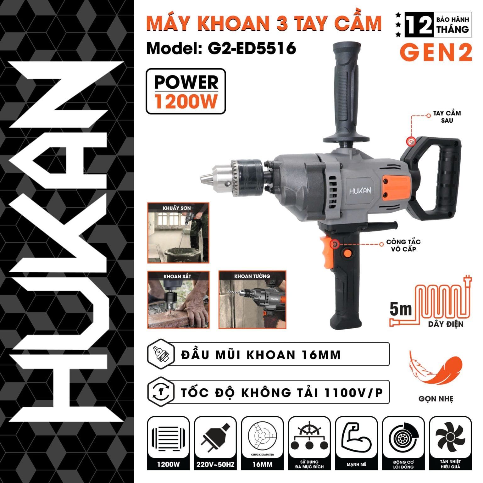  Máy khoan điện 3 tay cầm Gen 2 G2-ED5516 HUKAN 