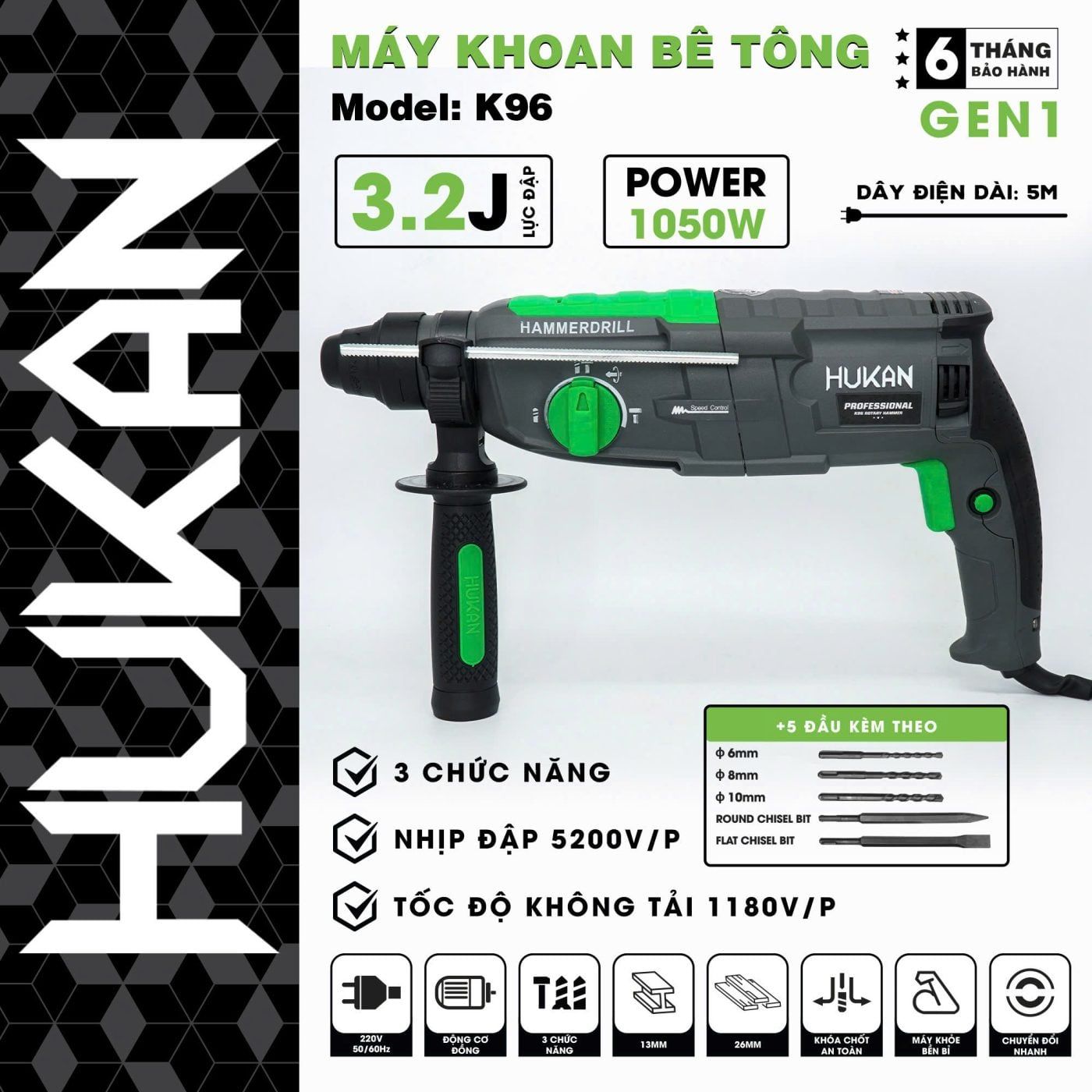  Máy khoan bê tông 3 chức năng K96 HUKAN 