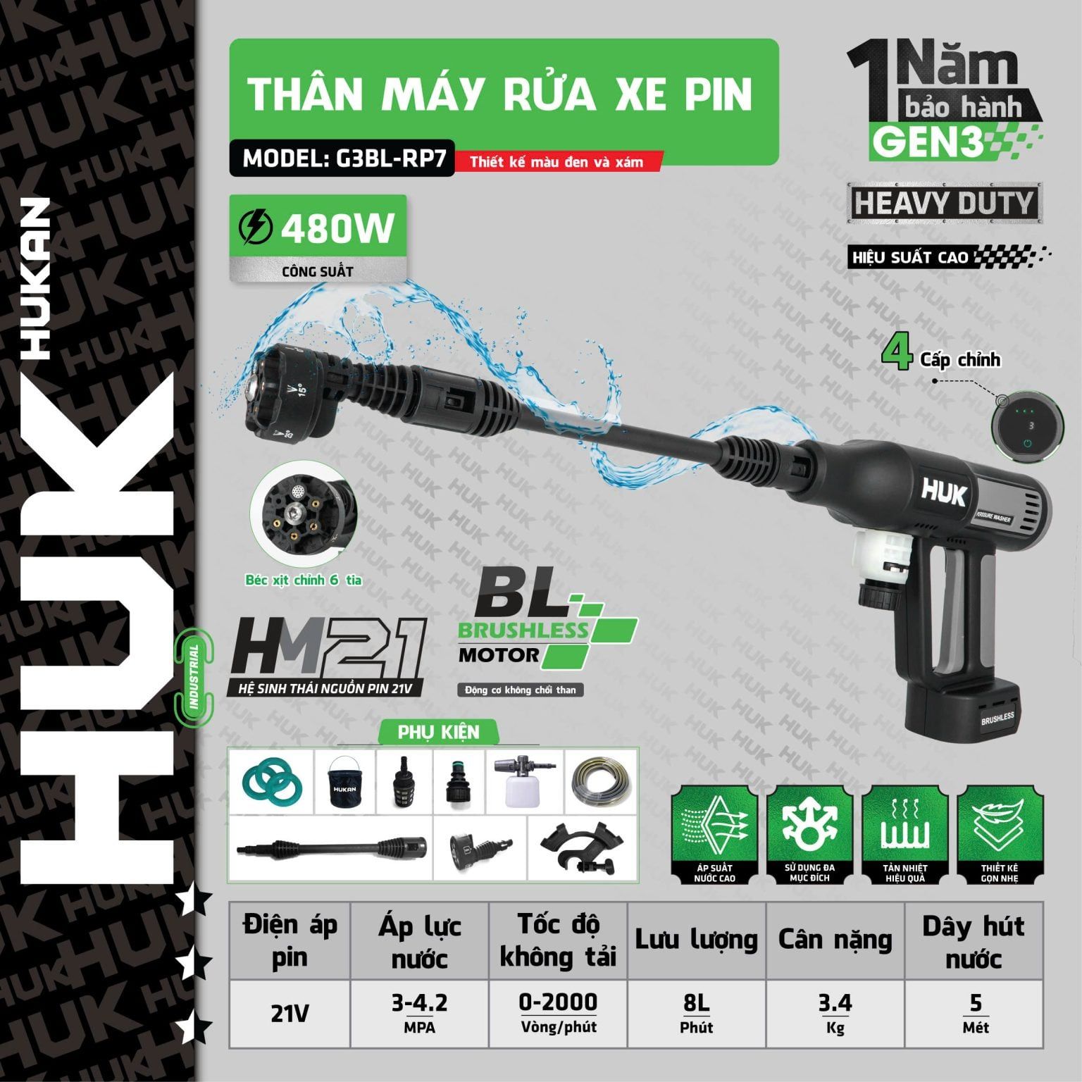  THÂN MÁY RỬA XE PIN (GEN 3) G3BL-RP7 (chưa kèm pin sạc) HUKAN 