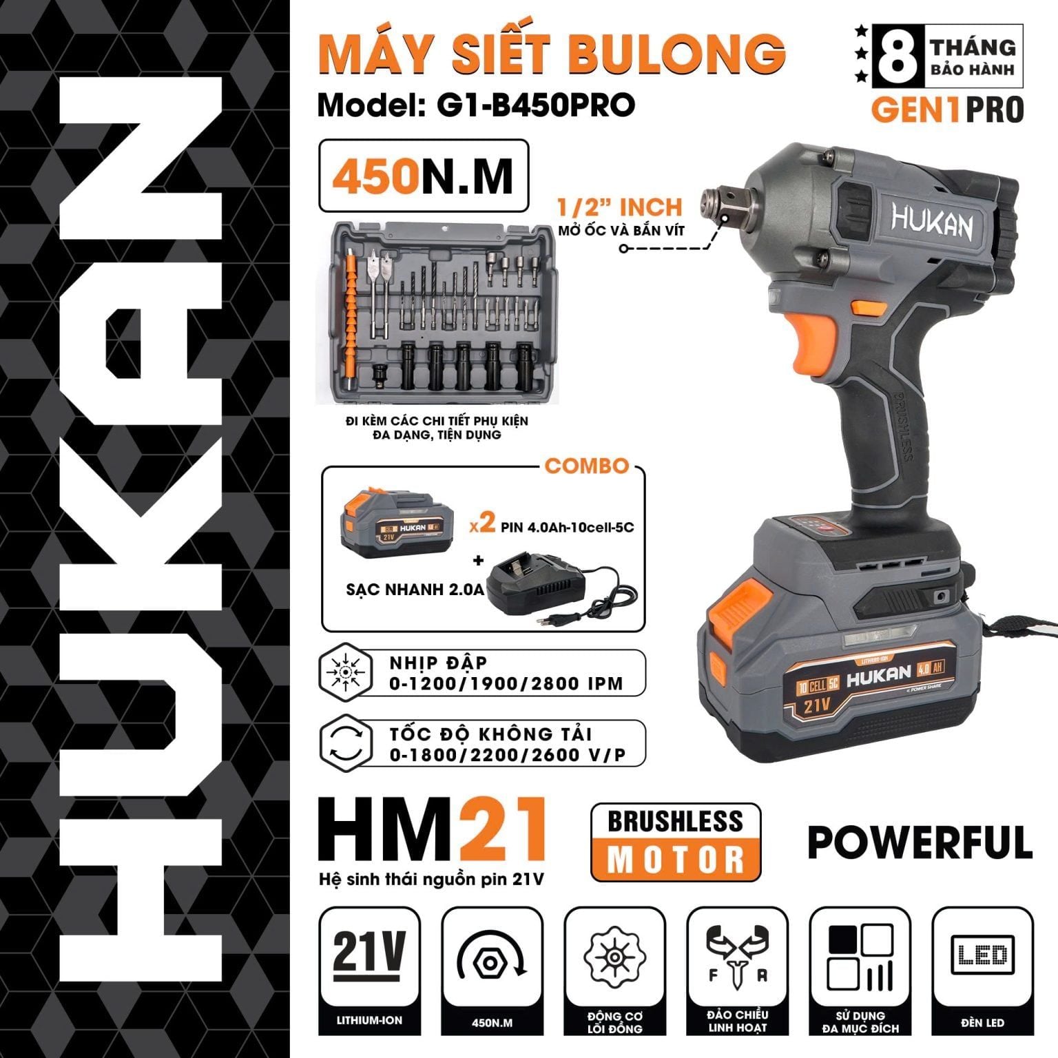  Máy siết bulong đầu 2 trong 1 (GEN1 PRO) G1-B450PRO HUKAN 