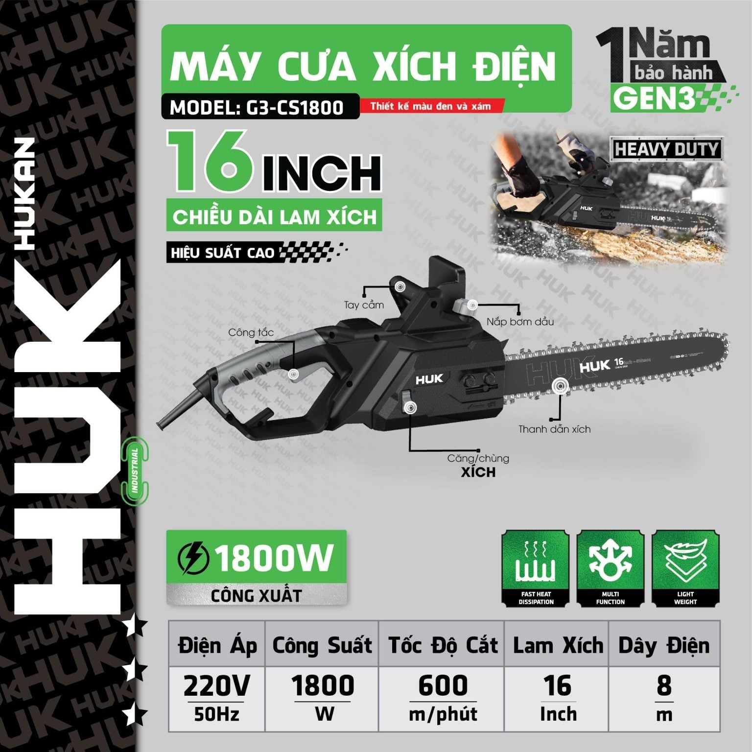  Máy cưa xích điện 16inch (GEN 3) G3-CS1800 HUKAN 