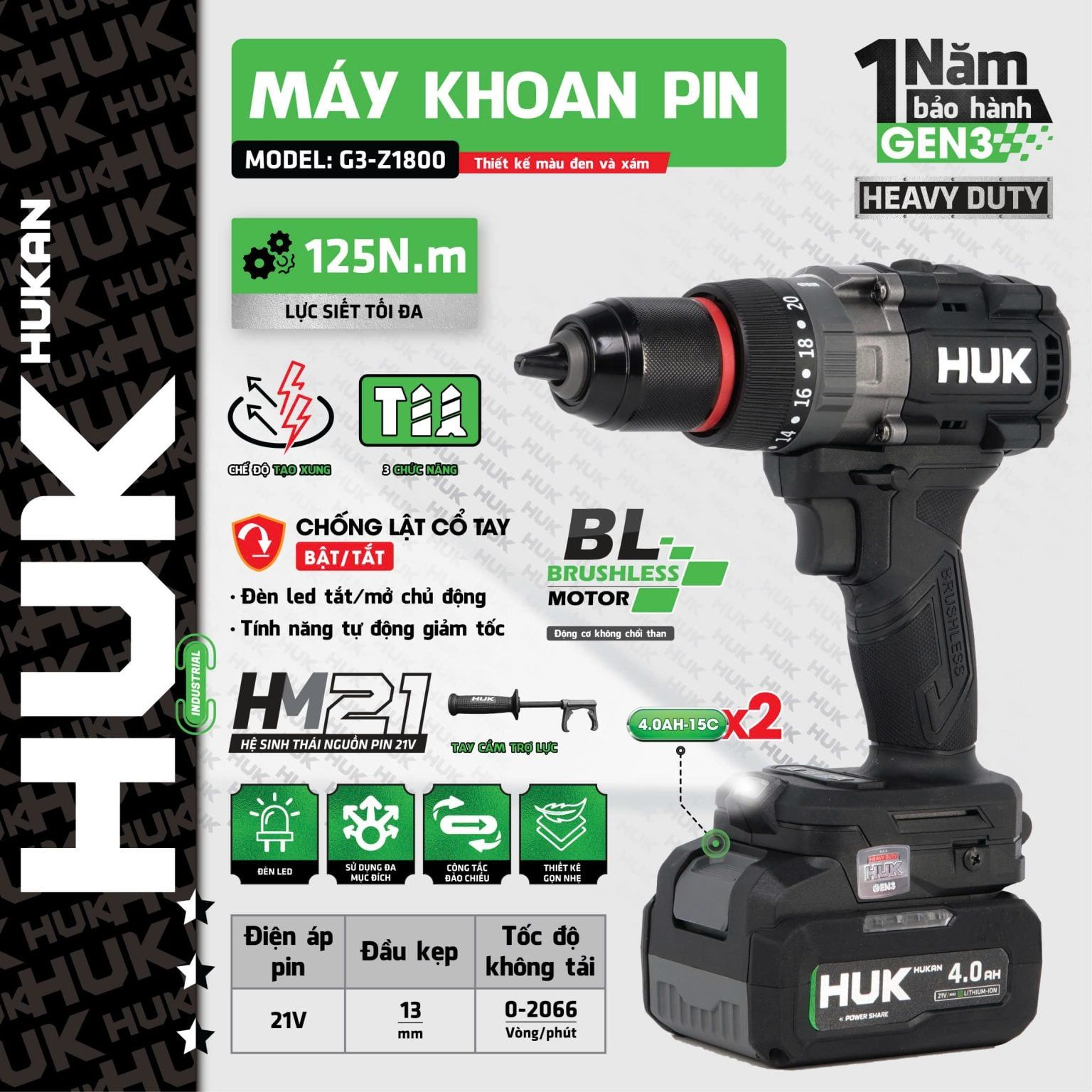  Máy khoan pin 13MM (có khóa trục) G3- Z1800  HUKAN 