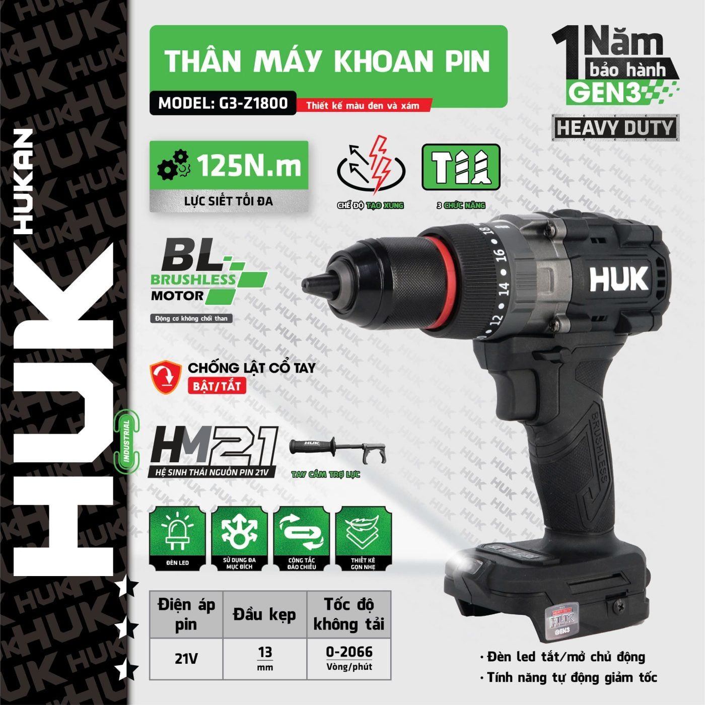  Thân máy khoan pin 13MM (có khóa trục) Body G3- Z1800 (chưa kèm pin sạc) HUKAN 