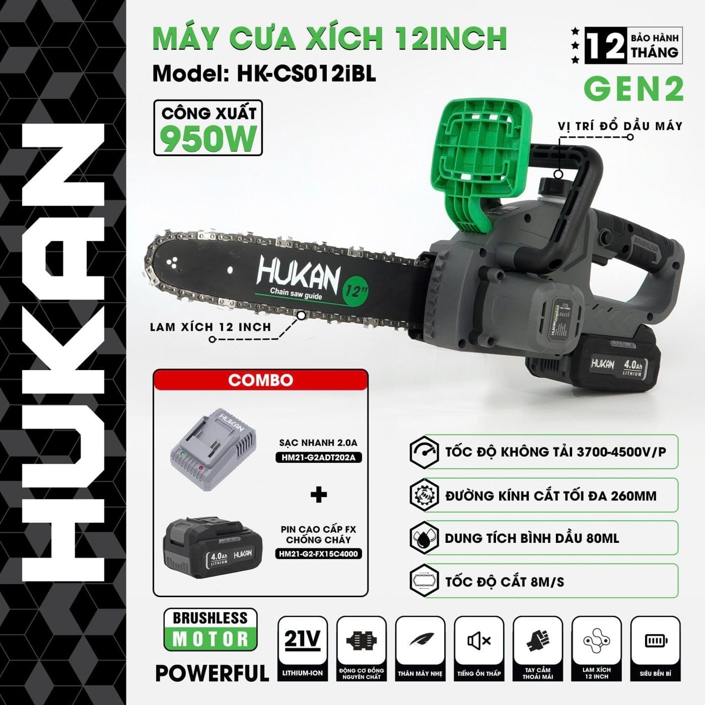  Bộ máy cưa xích 12inch Hukan (GEN 2 PRO) HK-CS012iBL HUKAN 