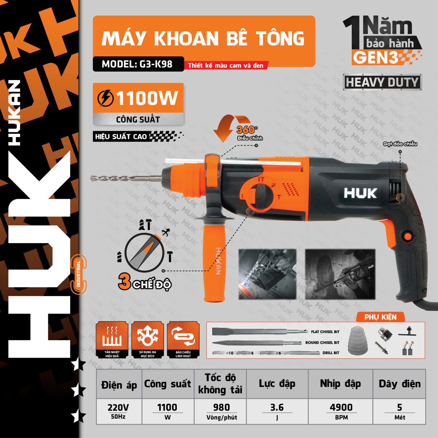  Máy khoan bê tông 3 chức năng Hukan G3-K98 (GEN3) HUKAN 