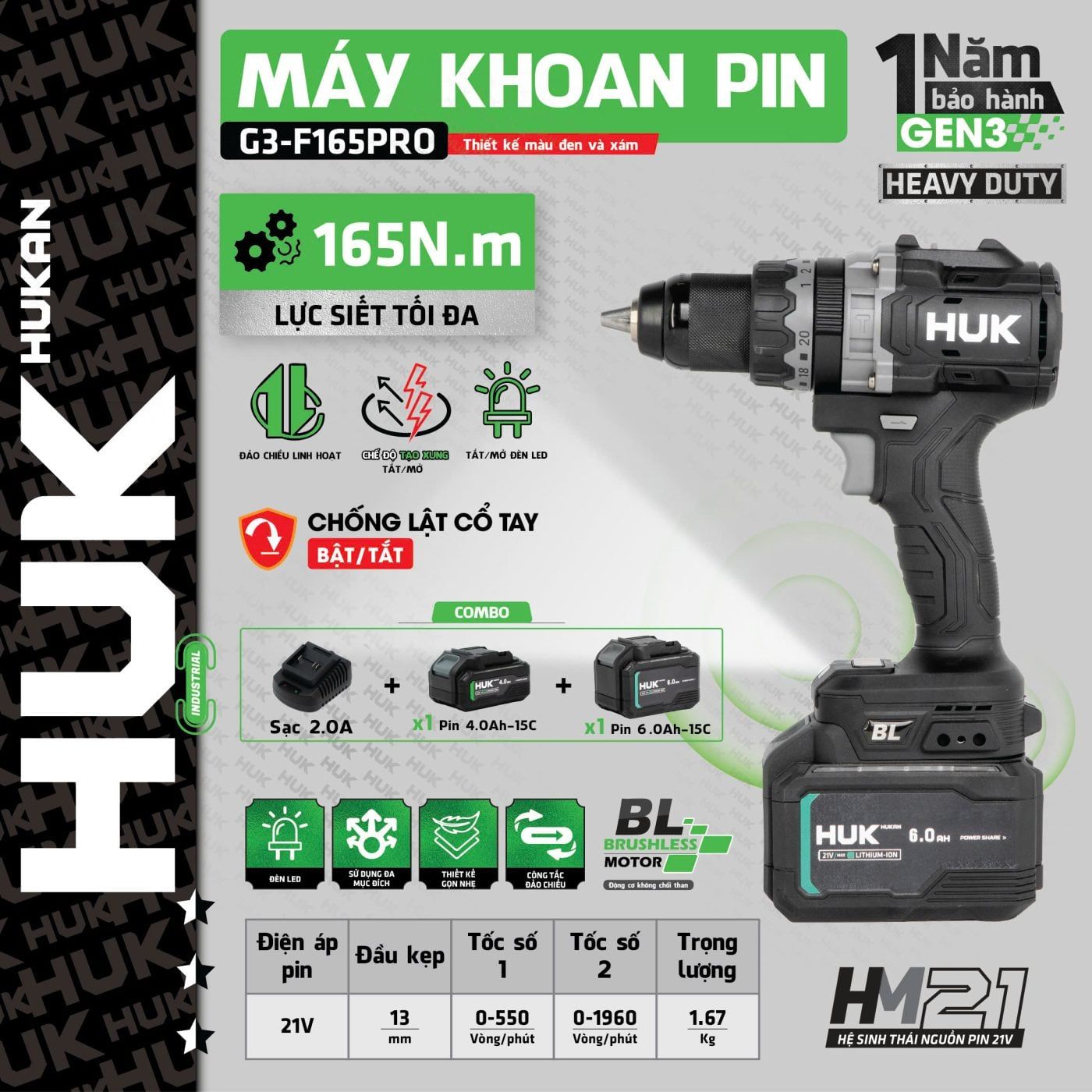  Máy khoan pin 13mm GEN 3 – G3-F165PRO (Thân máy + 1 pin 6.0Ah-15c + 1 Pin 4.0Ah-15c+ Sạc 2A) HUKAN 