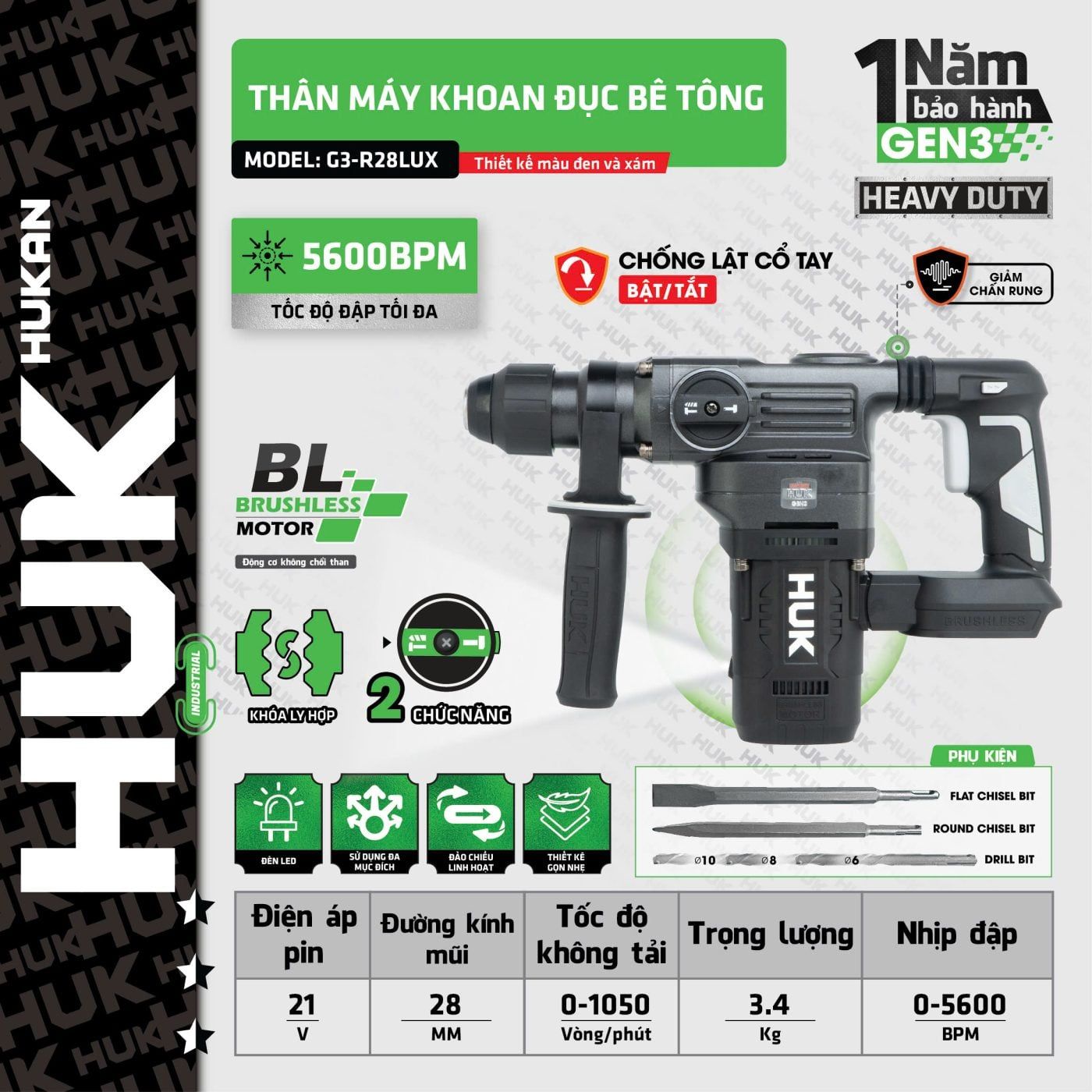  Thân máy khoan đục bê tông 2 chức năng (Gen3) G3-R28LUX (chưa kèm pin sạc) HUKAN 