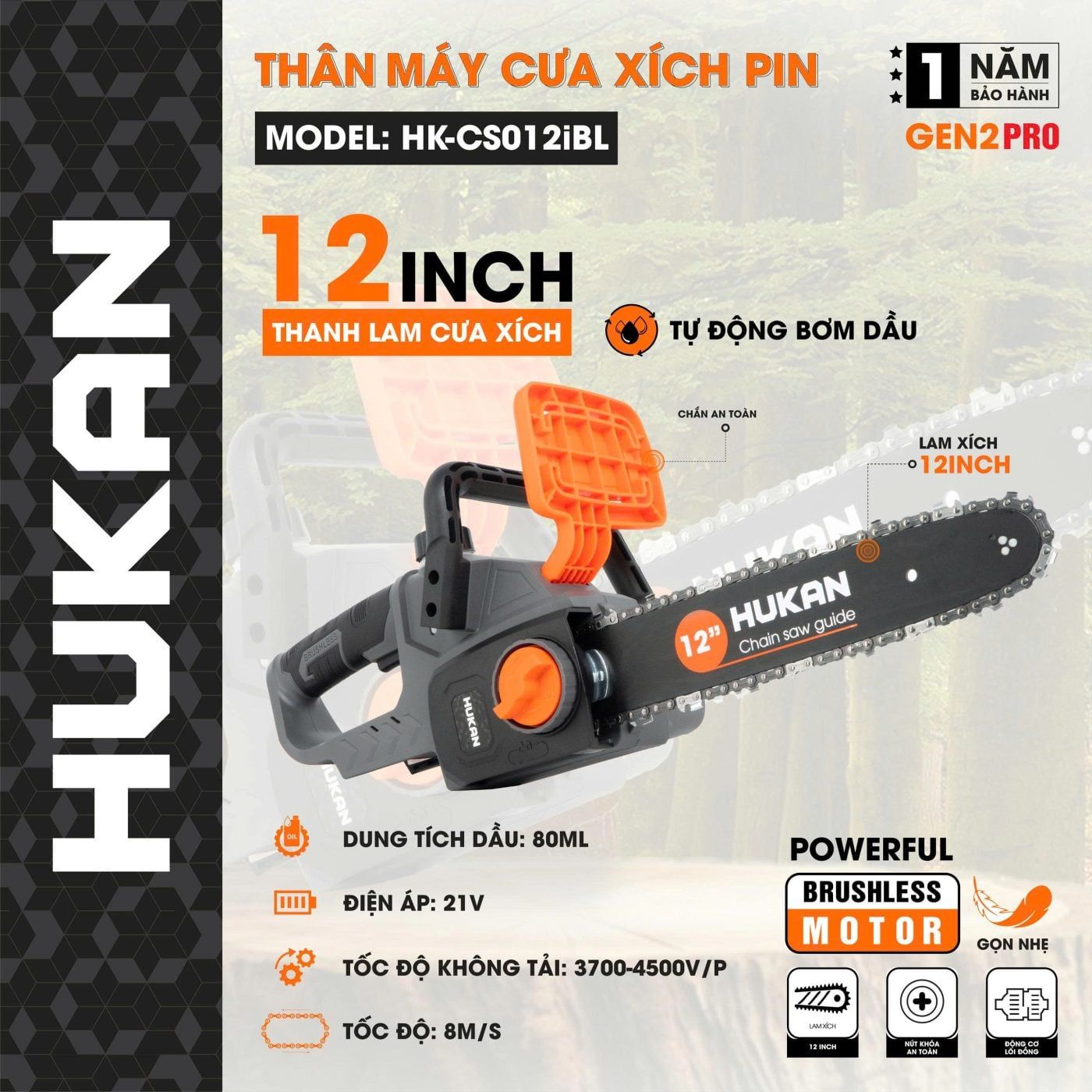  Thân máy cưa xích 12inch Hukan (GEN 2 PRO) HK-CS012iBL (chưa kèm pin sạc) HUKAN 