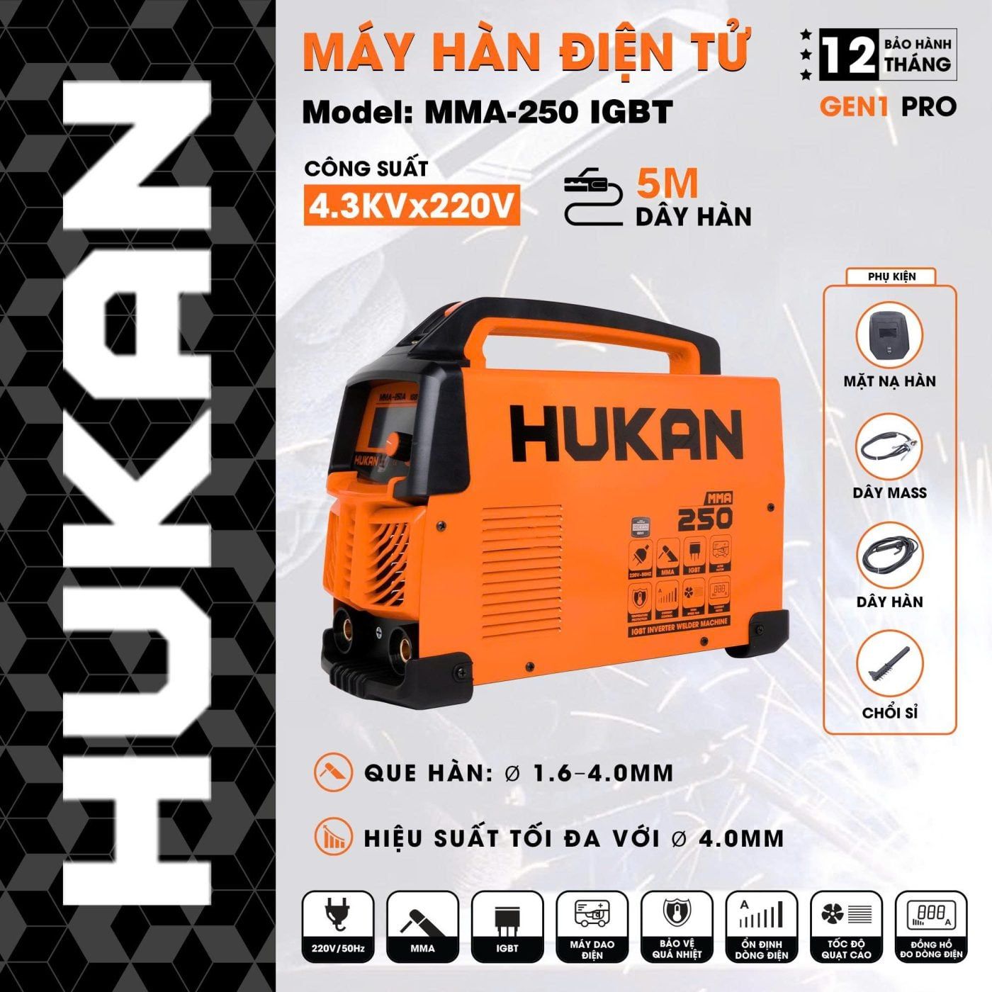  Máy hàn điện tử MMA-250IGBT HUKAN 