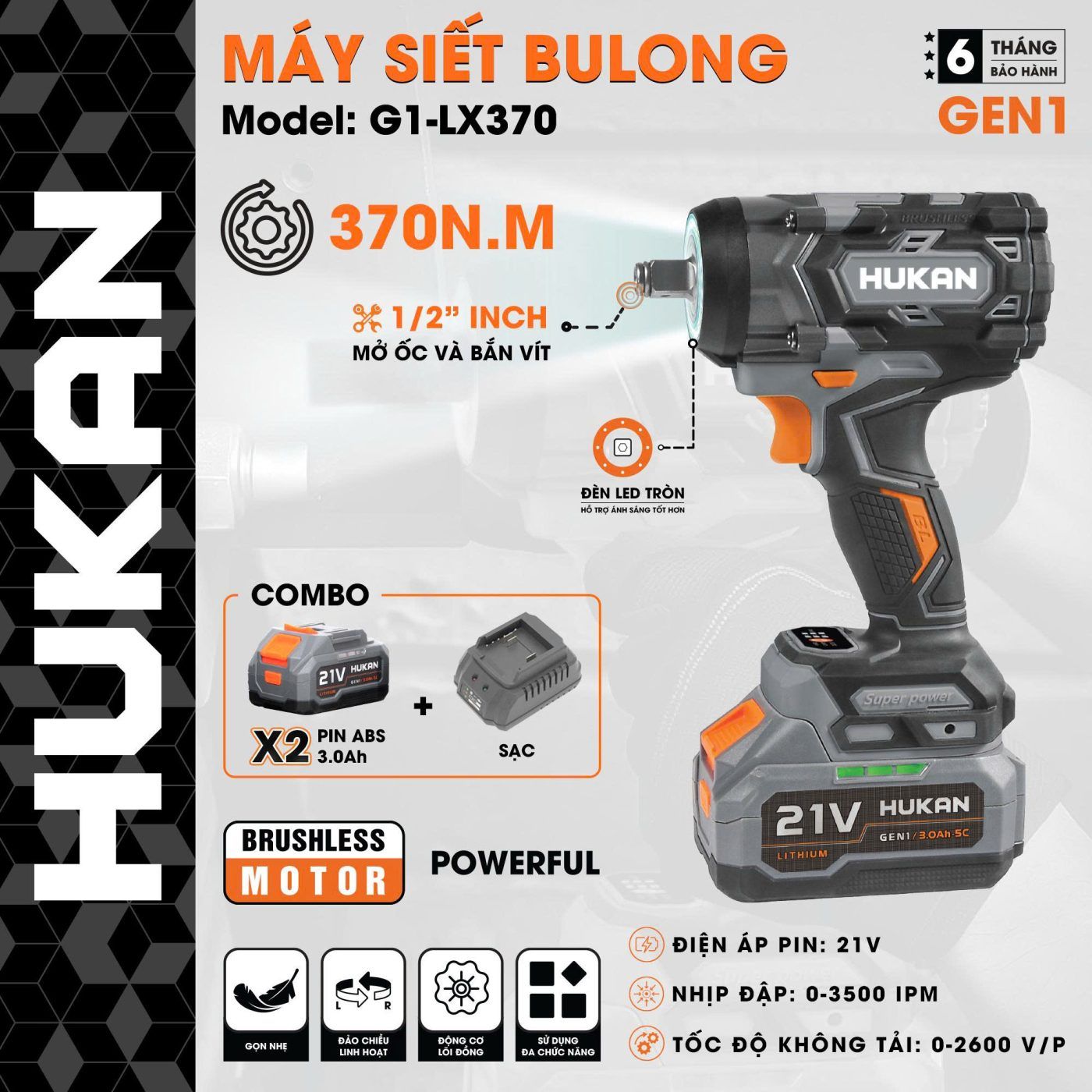  Máy siết bulong pin (GEN1) G1-LX370 HUKAN 