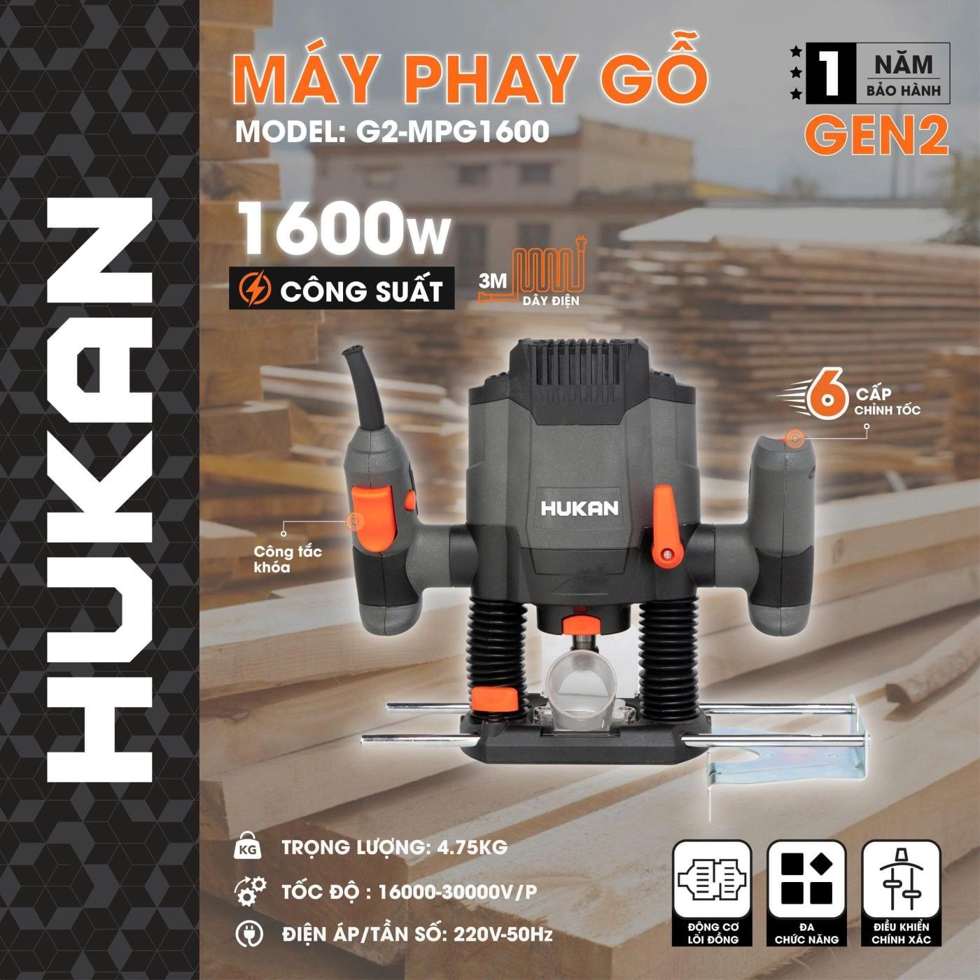  Máy Phay Gỗ Dùng Điện Hukan G2-MPG1600 HUKAN 