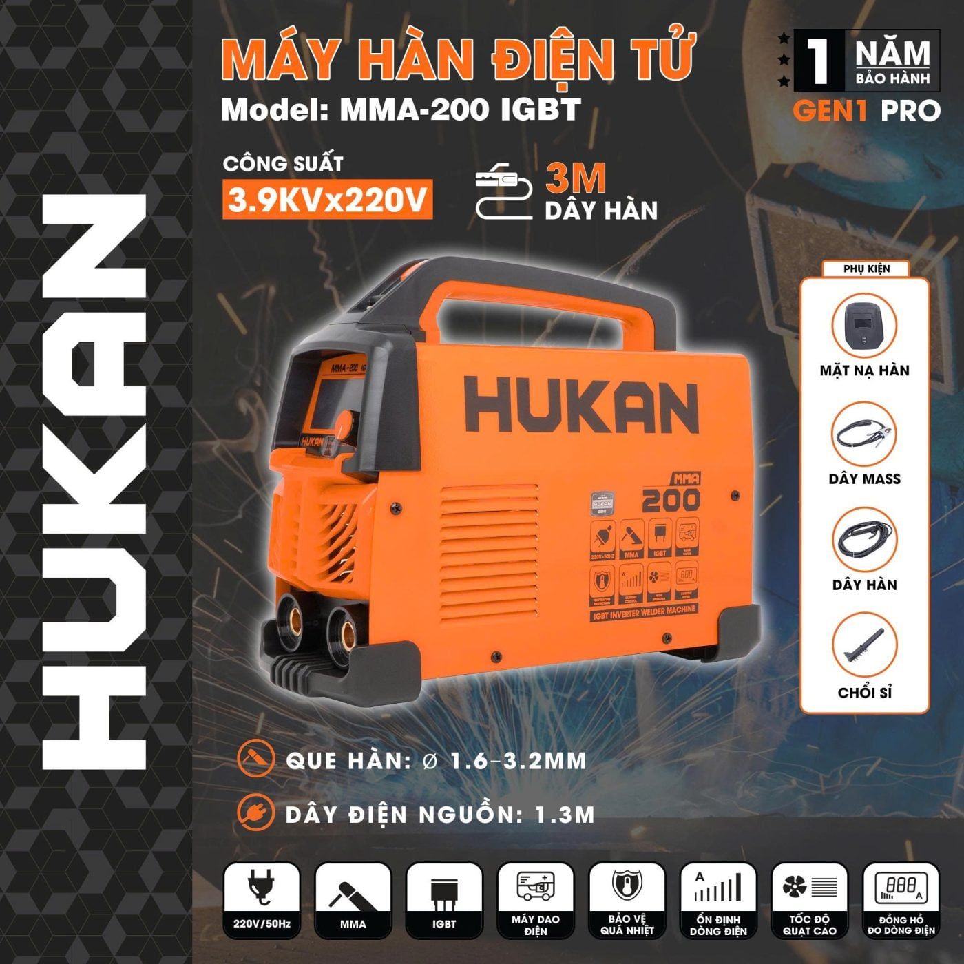  Máy hàn điện tử MMA-200IGBT HUKAN 