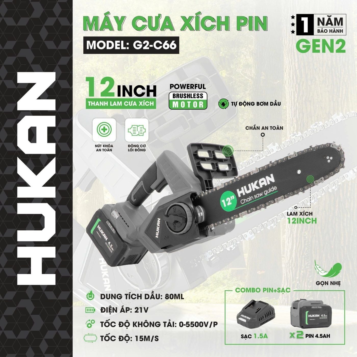  Bộ máy cưa xích pin 12 INCH (GEN2) G2-C66 HUKAN 