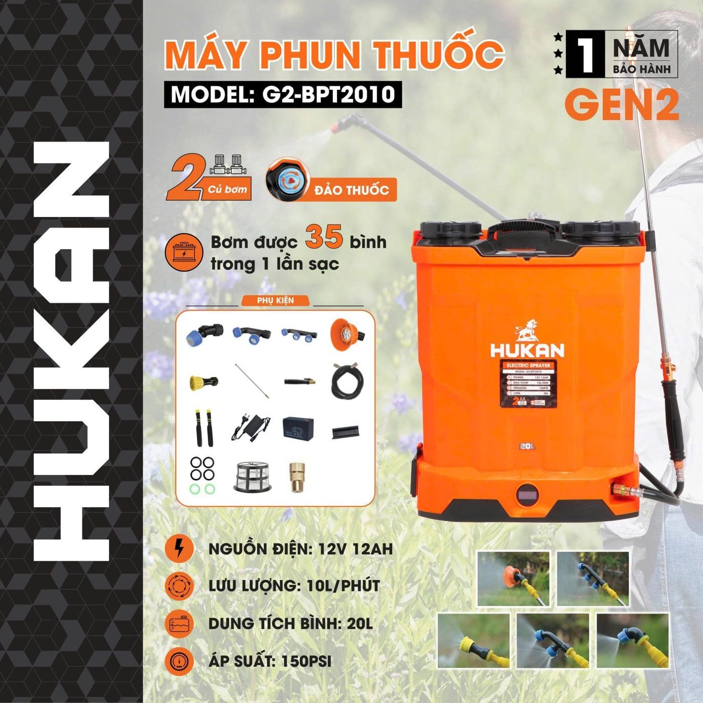  Máy phun thuốc sạc bình acquy Hukan Gen2 – G2-BPT2010 HUKAN 