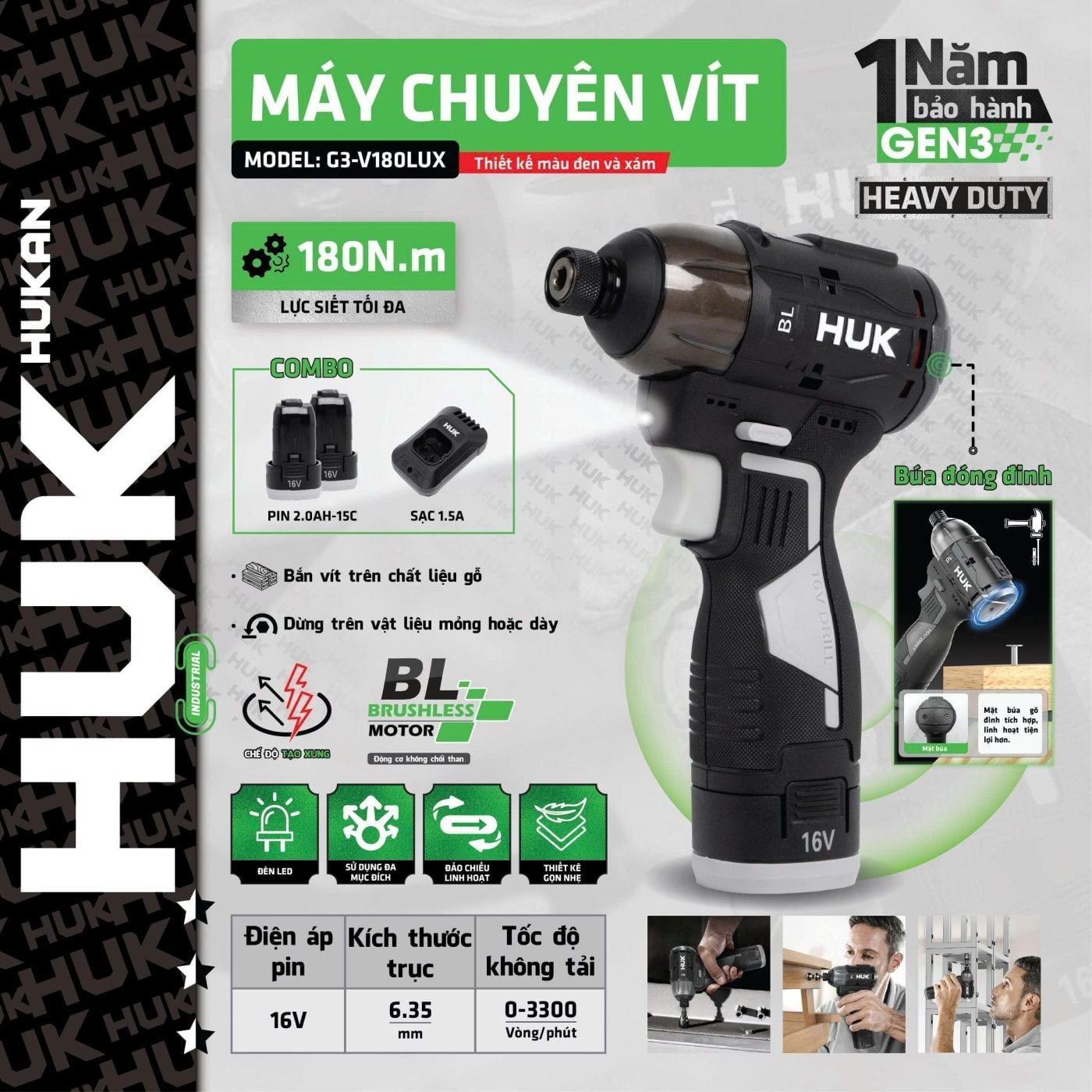  Máy chuyên vít búa (Gen 3) G3-V180LUX HUKAN 
