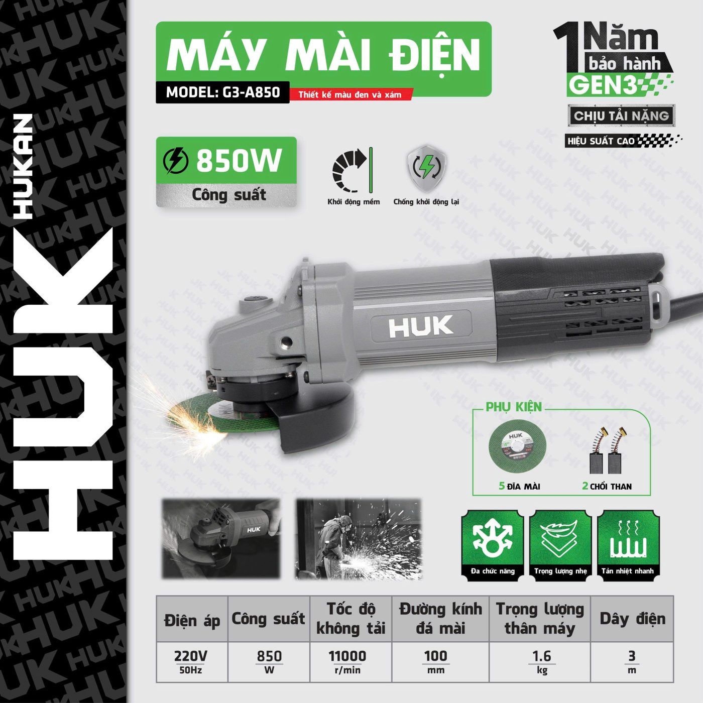  Máy mài điện (GEN 3) G3-A850 HUKAN 