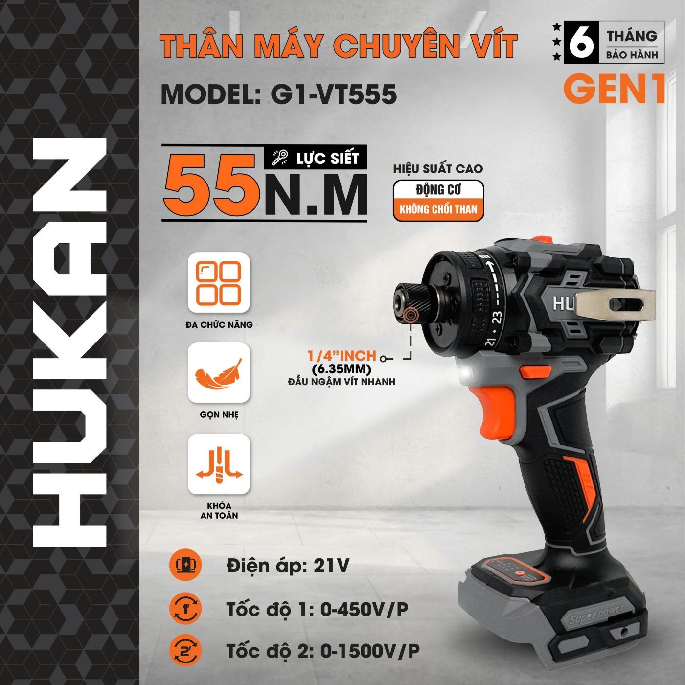  Thân máy chuyên vít trượt G1-VT555 (chưa kèm pin sạc) HUKAN 