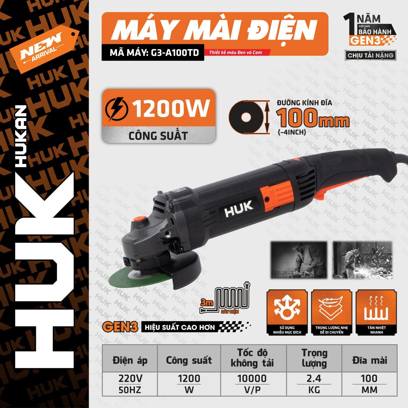  Máy mài điện lưỡi cắt 100MM (GEN 3) G3-A100TD HUKAN 