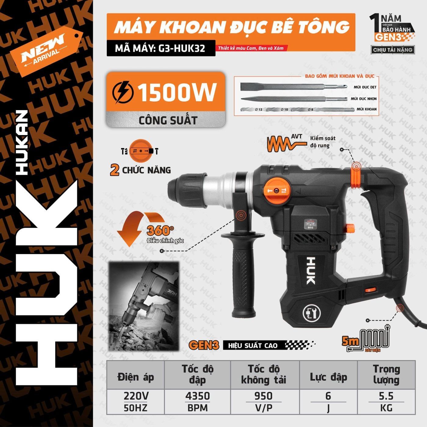  Máy khoan đục bê tông (GEN 3) G3-HUK32 HUKAN 